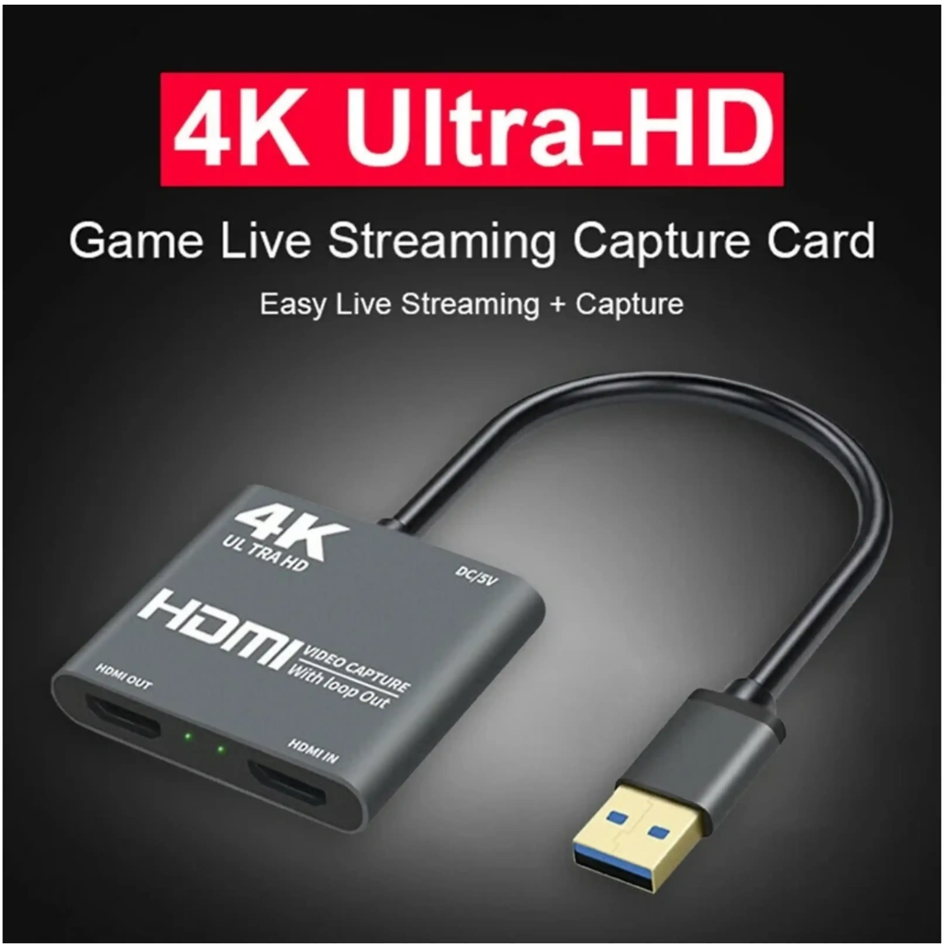 Ein 4K Ultra-HD Game Live Streaming Capture Card mit HDMI- und USB-Anschlüssen vor schwarzem Hintergrund.