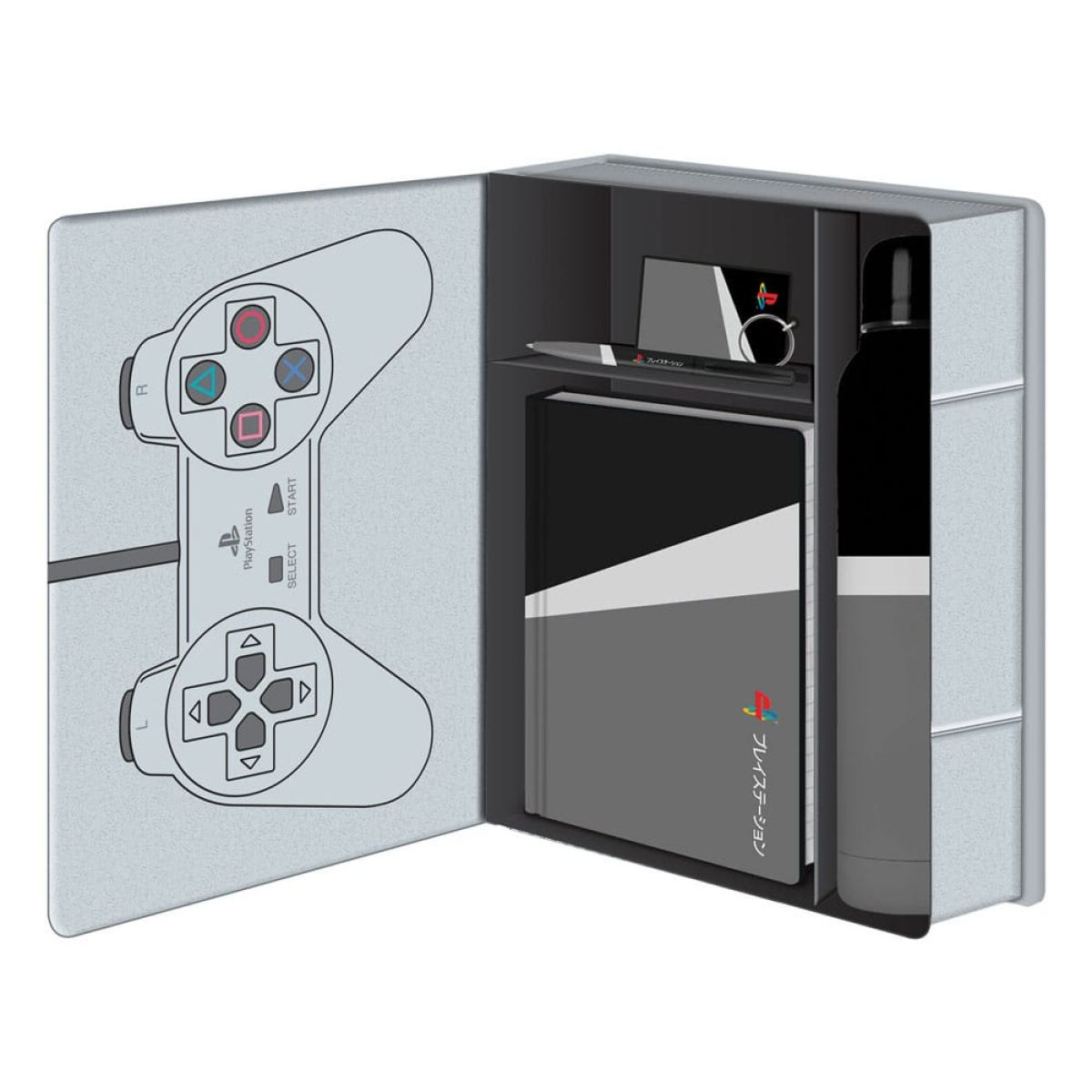 Set de regalo de PlayStation en caja abierta con cuaderno, bolígrafo, llavero y botella.