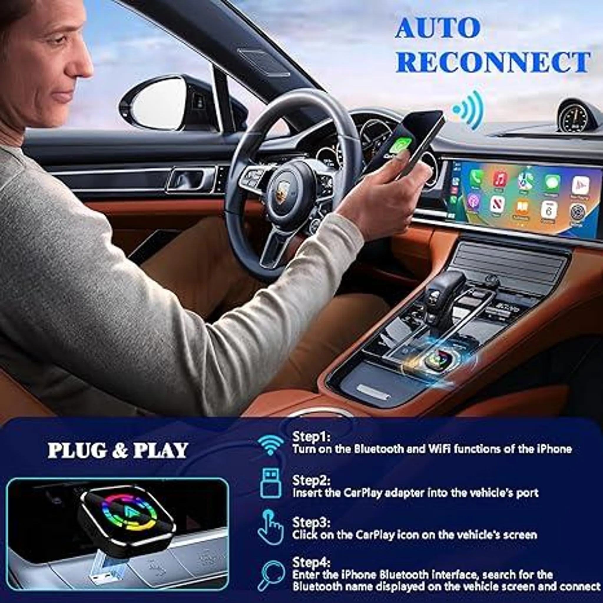 Ein Mann in einem Auto hält ein Telefon mit Textüberlagerung, die Schritte für einen CarPlay-Adapter erklärt.