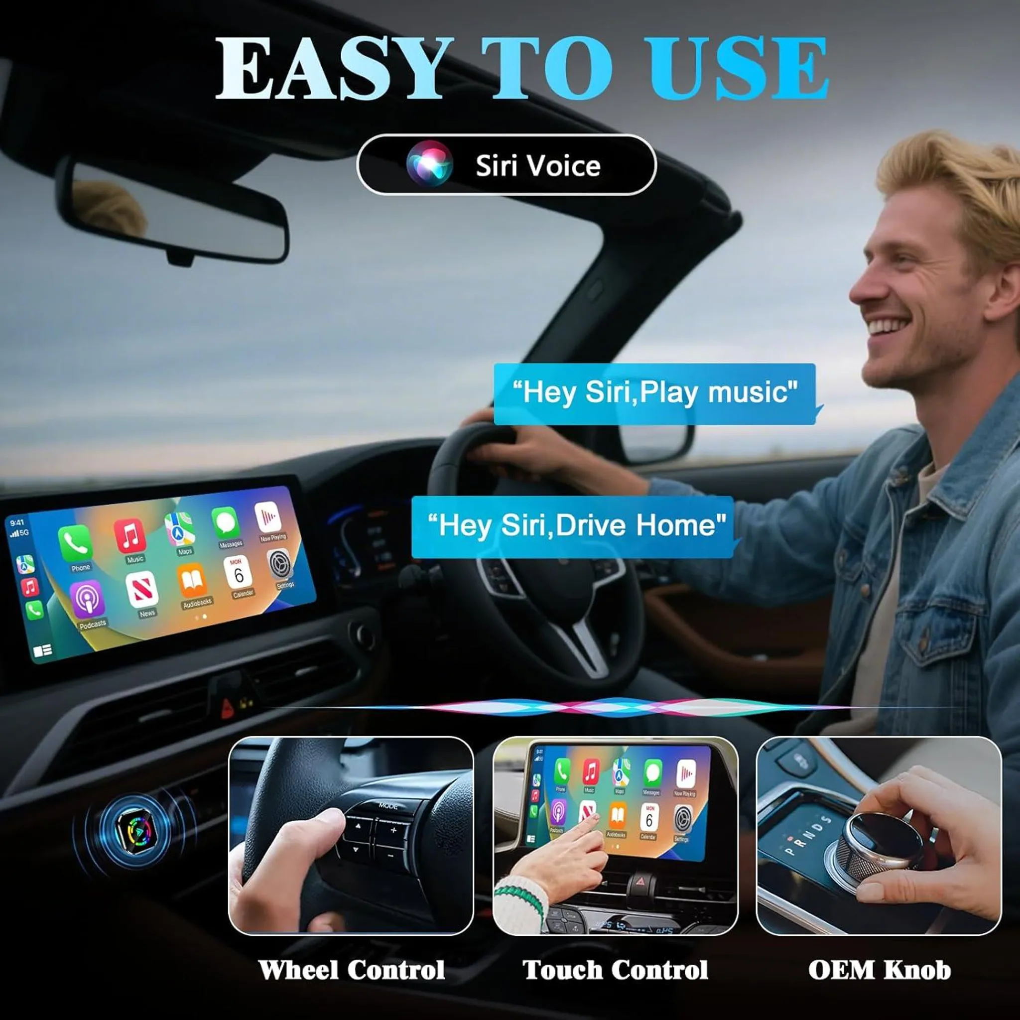 Ein Mann fährt Auto und nutzt Siri Sprachsteuerung, Touchscreen und Tasten.