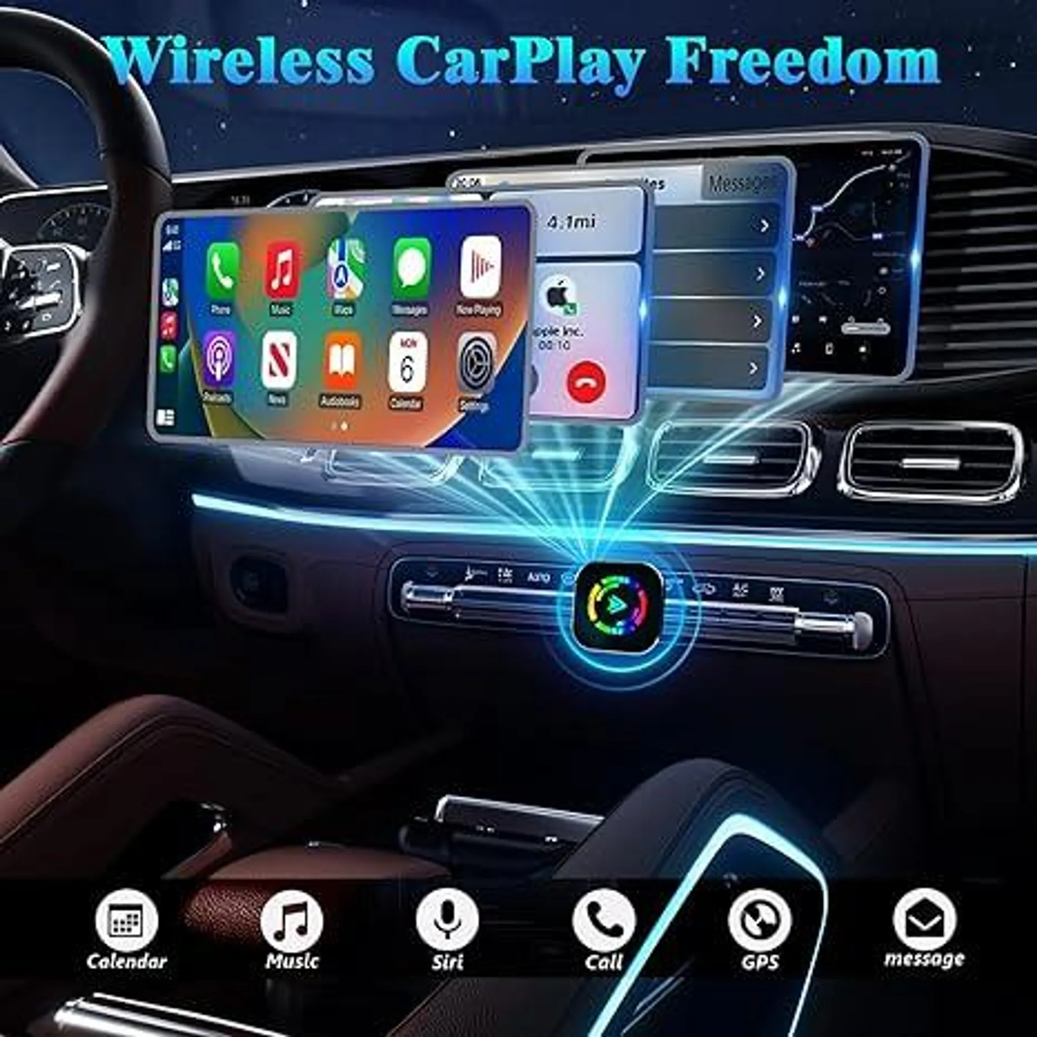 Autoinnenraum mit Wireless CarPlay-Bildschirm, App-Icons und blauer Beleuchtung.