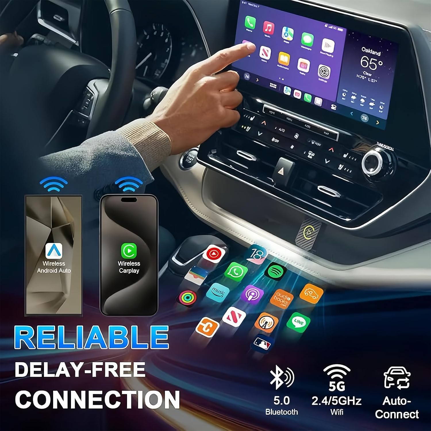 Hand bedient Auto-Infotainment-System mit drahtloser Verbindung zu Smartphones.