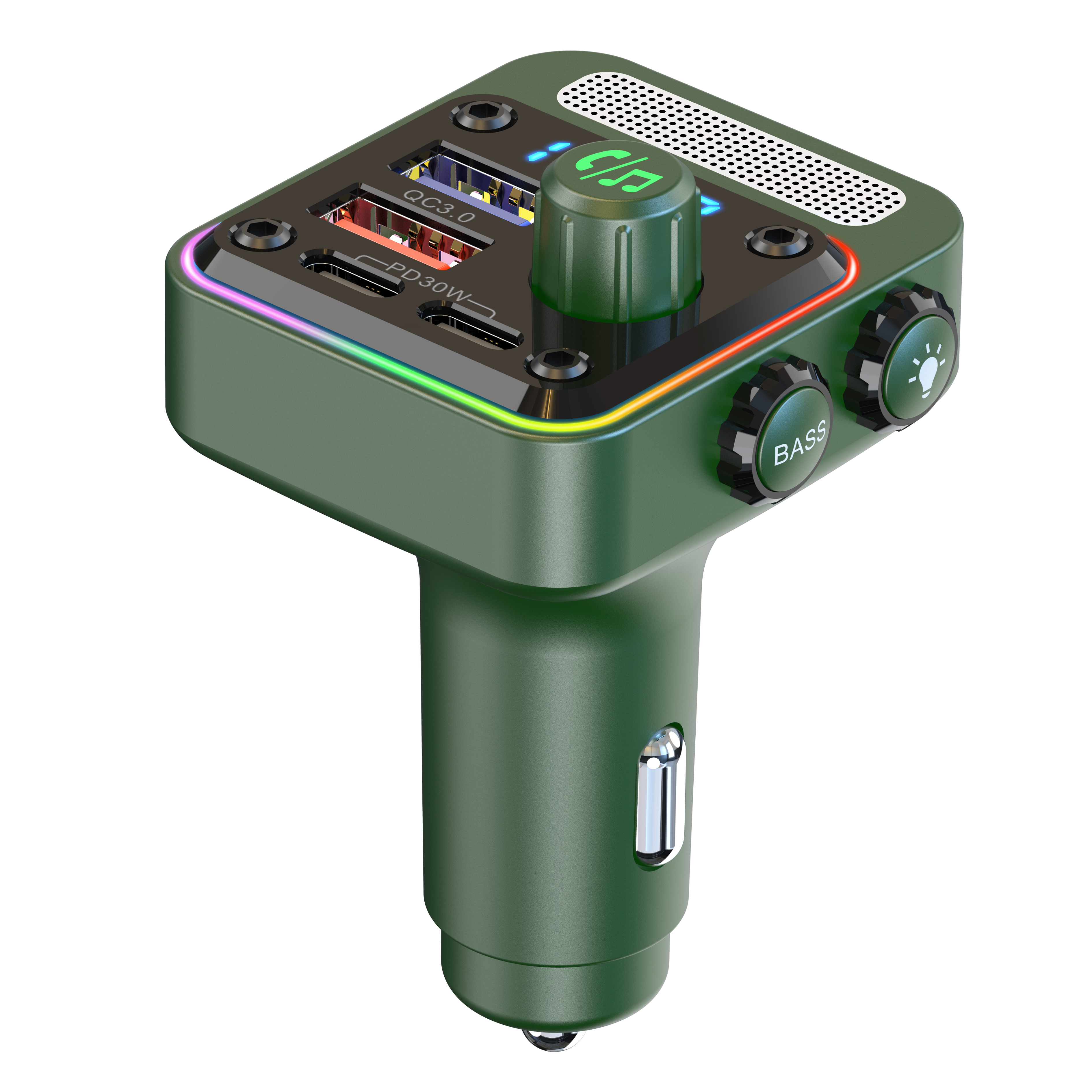 Grüner Auto-Bluetooth-FM-Transmitter mit USB-Anschlüssen, Lautstärkeregler und RGB-Beleuchtung.