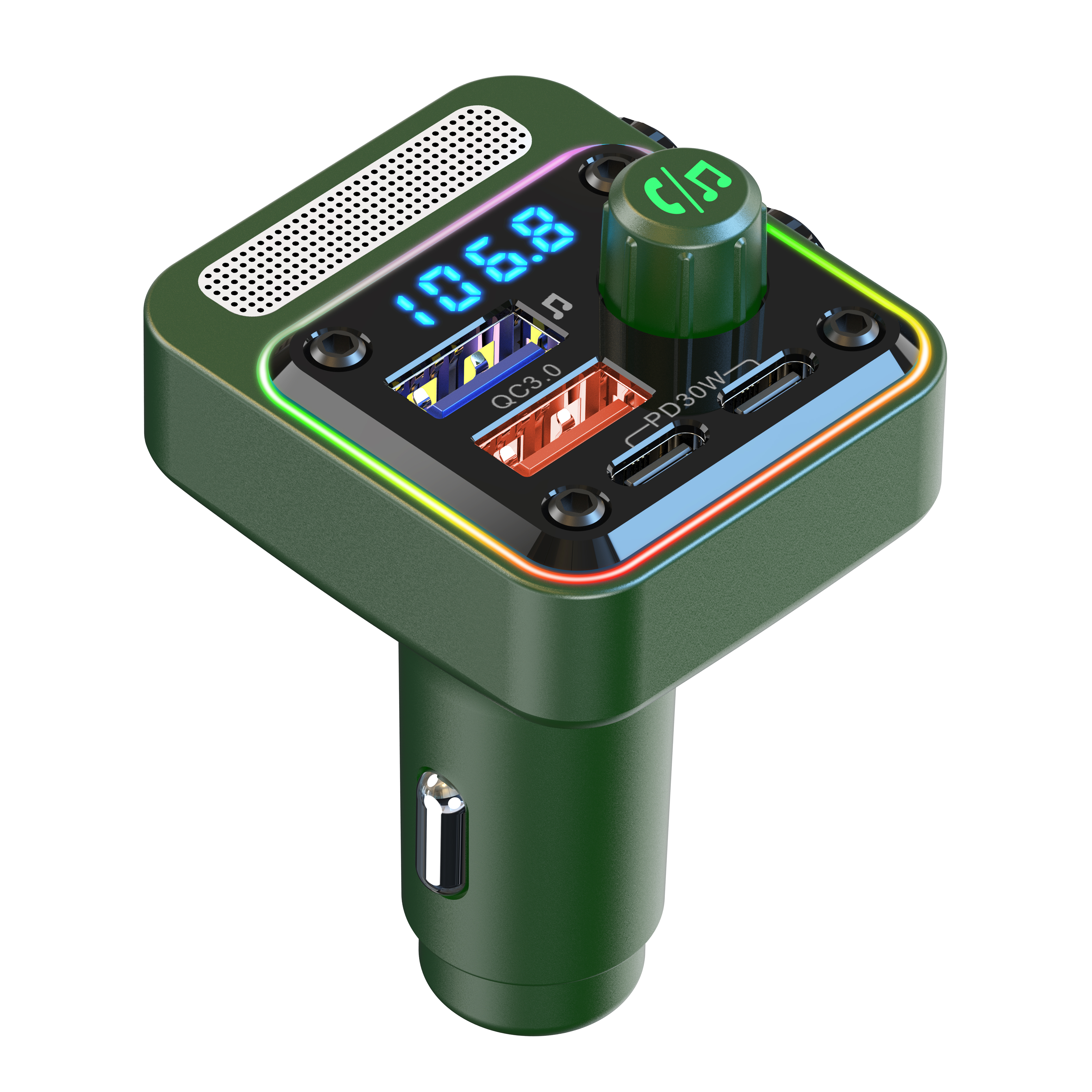 Grüner Auto-Bluetooth-FM-Transmitter mit USB-Anschlüssen, digitalem Display und Drehknopf auf weißem Hintergrund.