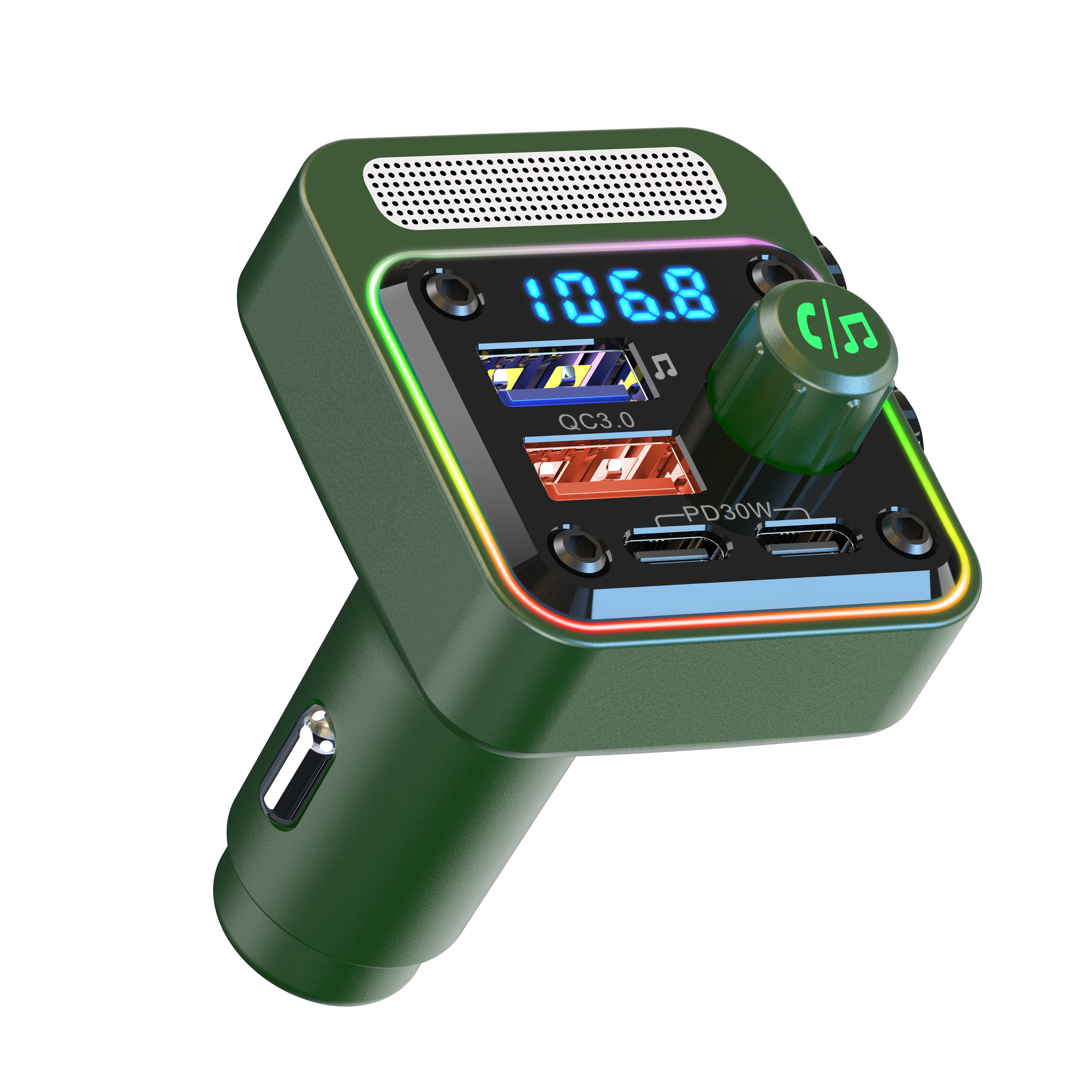 Grüner KFZ-Bluetooth-FM-Transmitter mit USB-Anschlüssen, digitalem Display und Drehknopf auf weißem Hintergrund.
