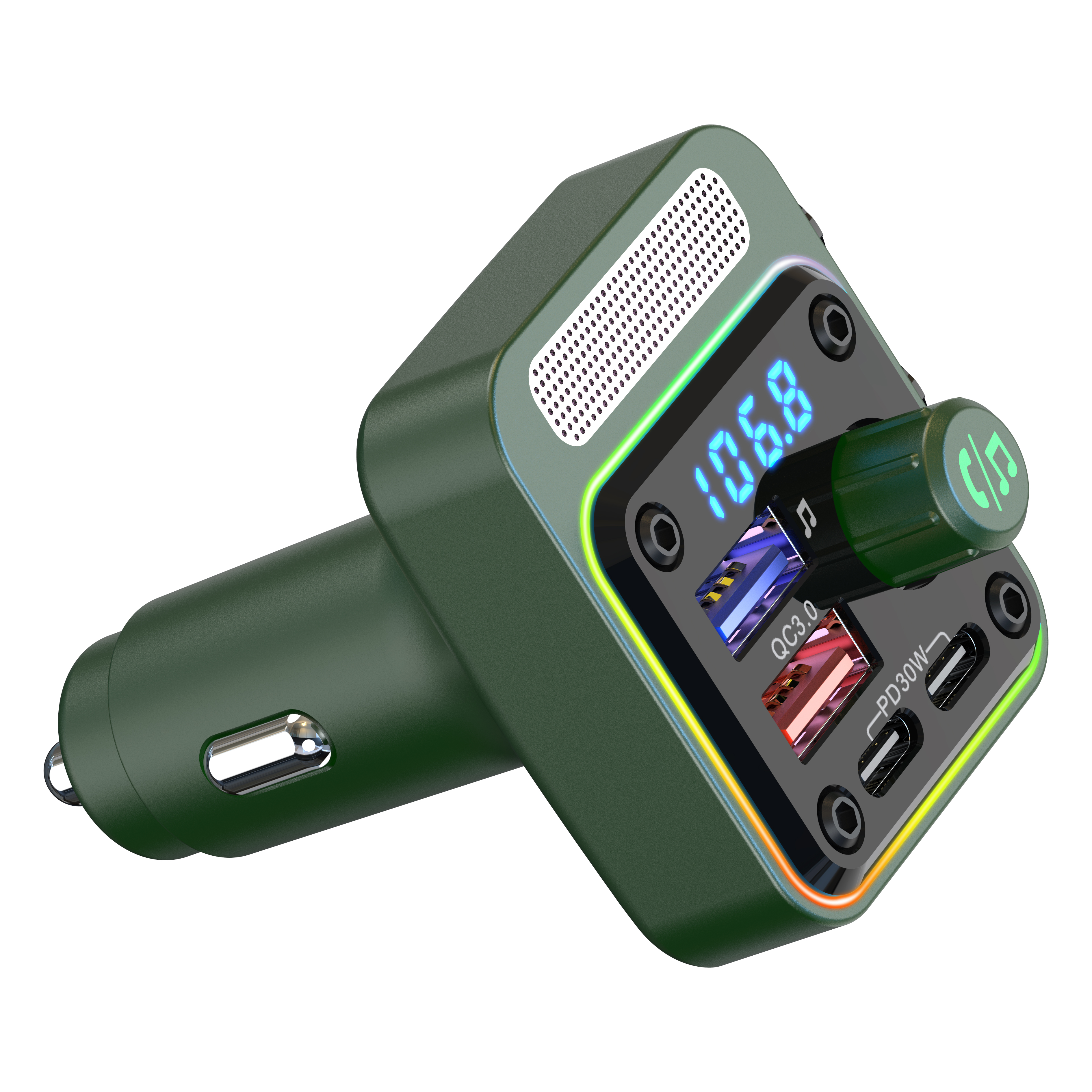 Grüner KFZ-Bluetooth-FM-Transmitter mit USB-Anschlüssen, Display und Drehknopf auf weißem Hintergrund.