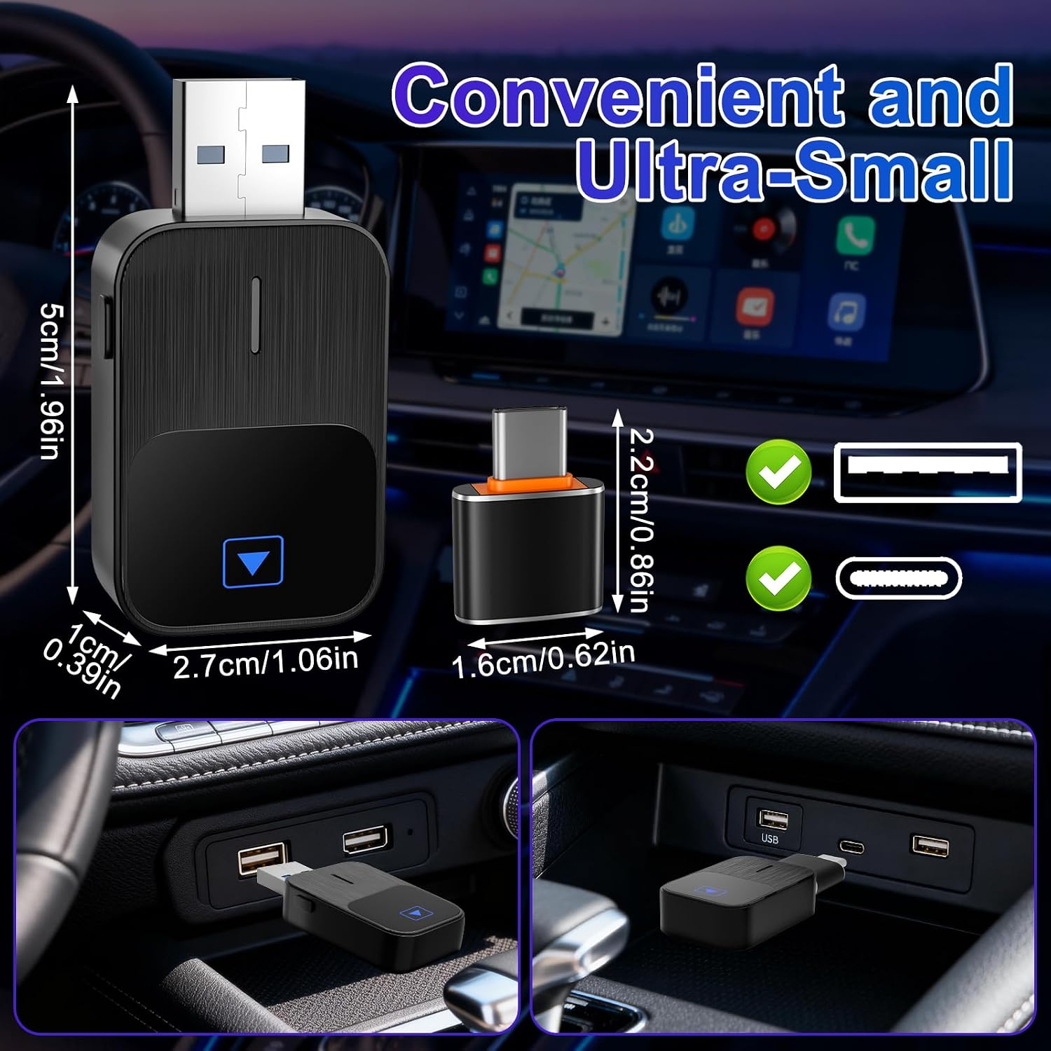Kompakter schwarzer Auto-USB-Adapter mit USB-A und USB-C, mit Maßen und zwei In-Car-Ansichten.