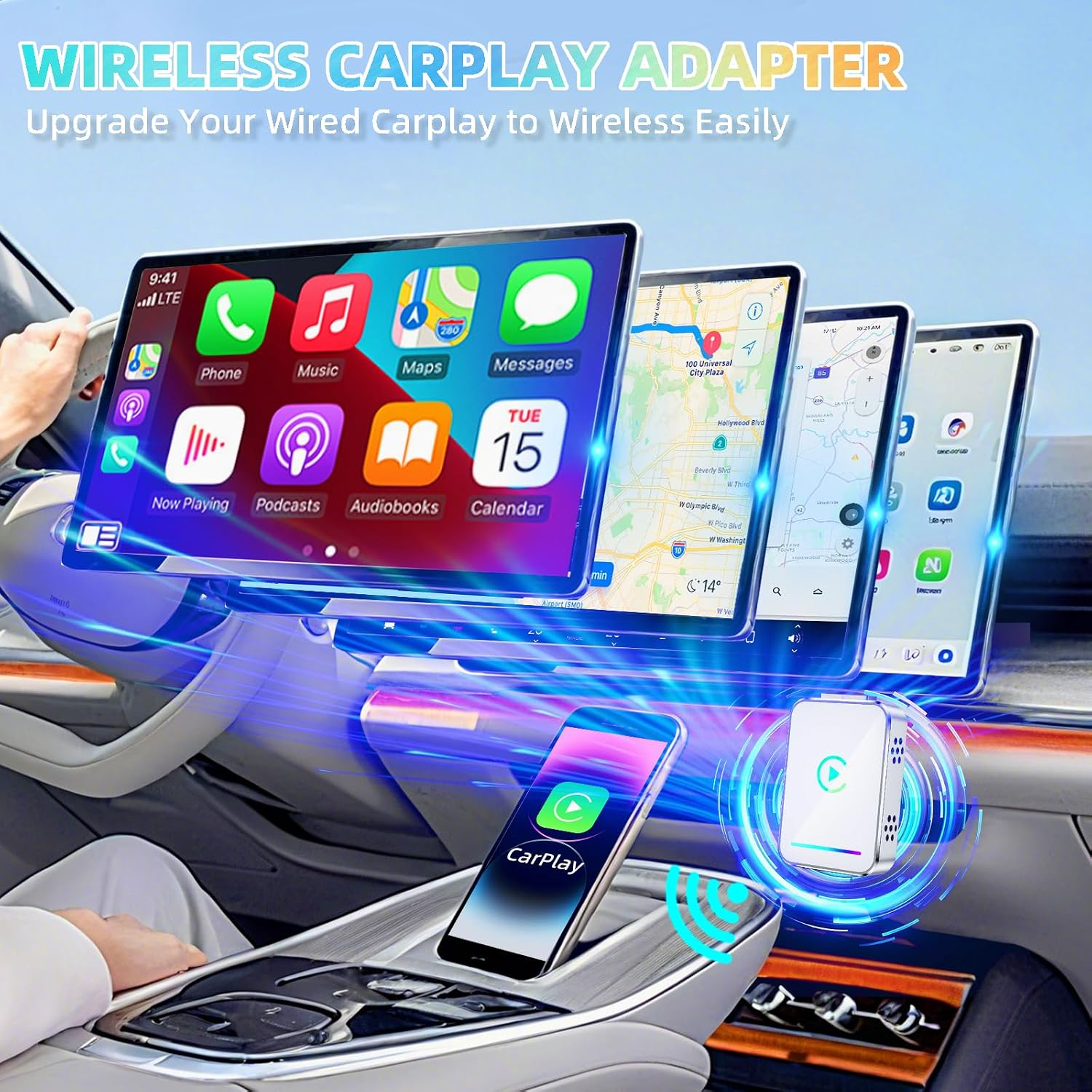 Kabelloser CarPlay-Adapter verbindet das Smartphone drahtlos mit dem Auto-Bildschirm.