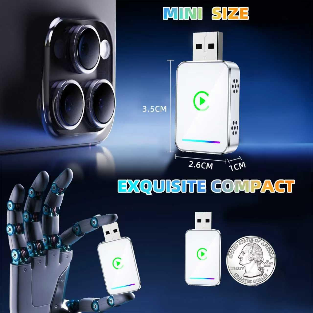 Ein weißer Mini-USB-Adapter mit grüner Anzeige, Größenangaben und einer Roboterhand auf blauem Hintergrund.