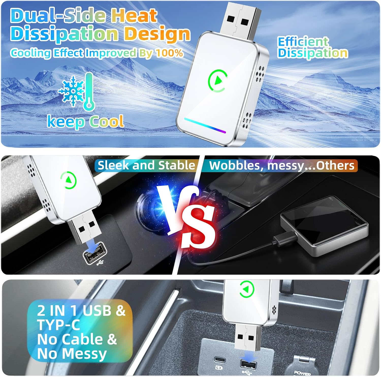Werbebild für einen schlanken USB-Kühladapter im Auto im Vergleich zu anderen.