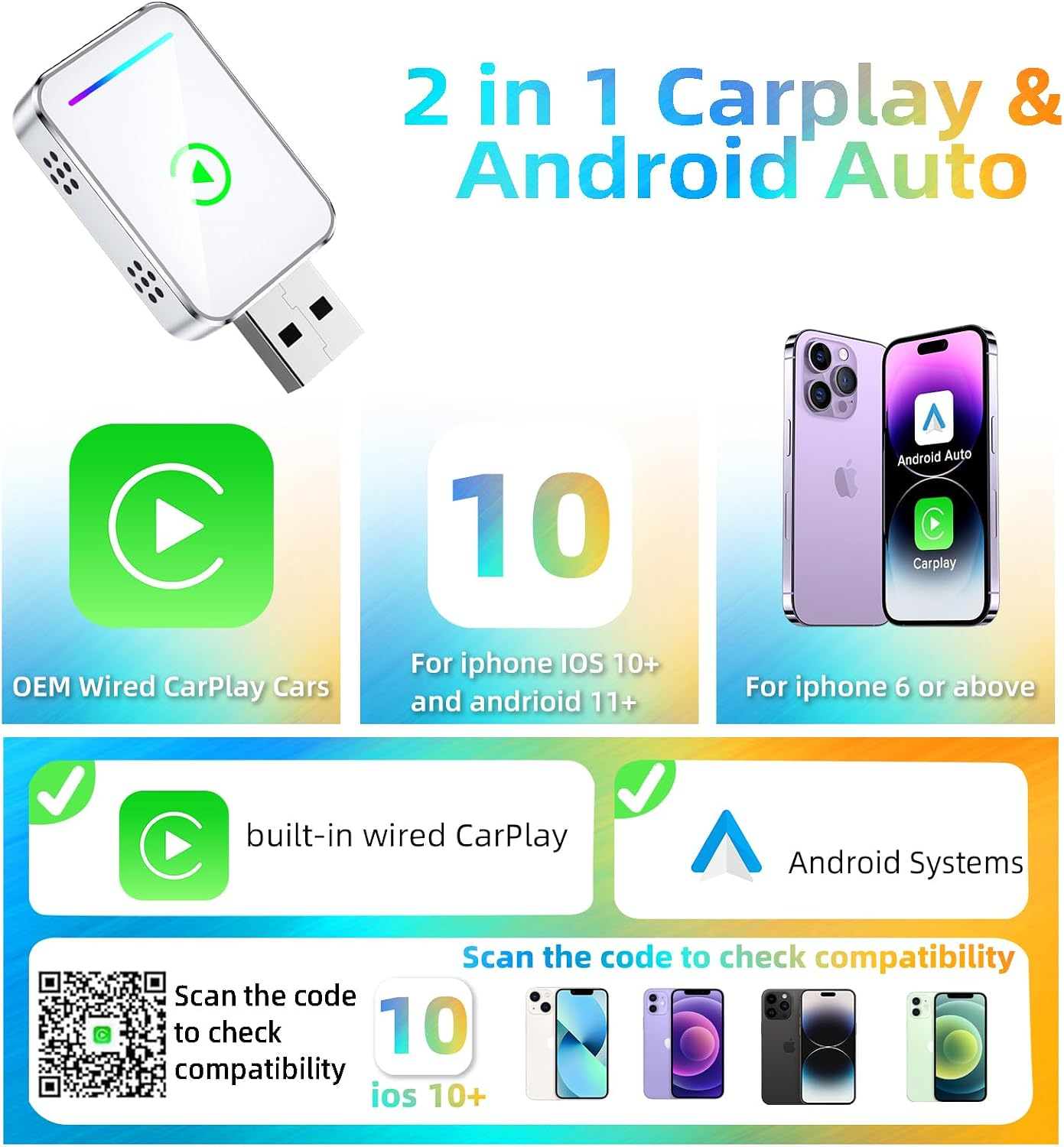 Ein 2-in-1 Carplay- und Android Auto-Adapter mit Kompatibilitätsdetails für Smartphones.