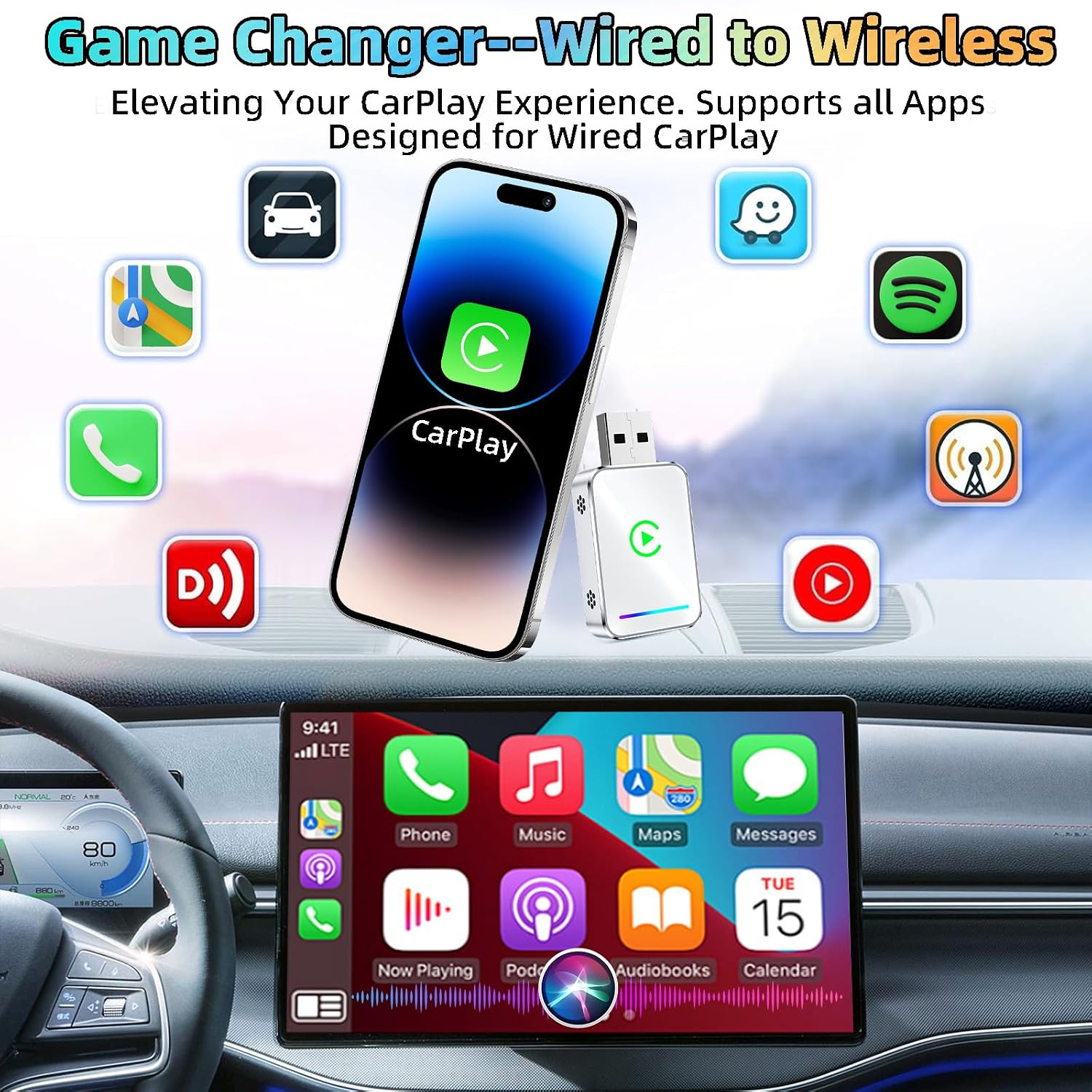 Smartphone und Wireless CarPlay Adapter auf dem Autodashboard mit App-Symbolen.
