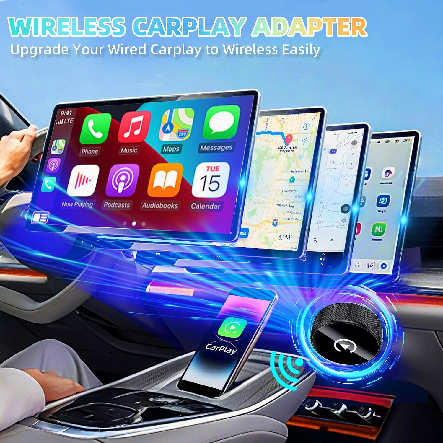 Ein drahtloser CarPlay-Adapter verbindet ein Smartphone drahtlos mit dem Auto-Bildschirm für Navigation und Apps.