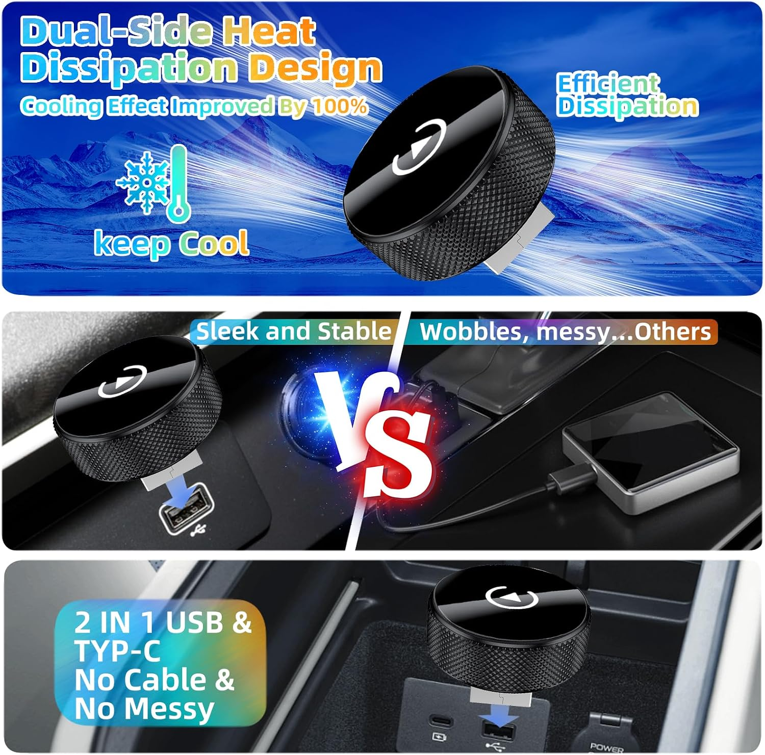 Kompakter kabelloser USB-C-Adapter in einer Autokonsole im Vergleich zu einer klobigen Kabelversion.