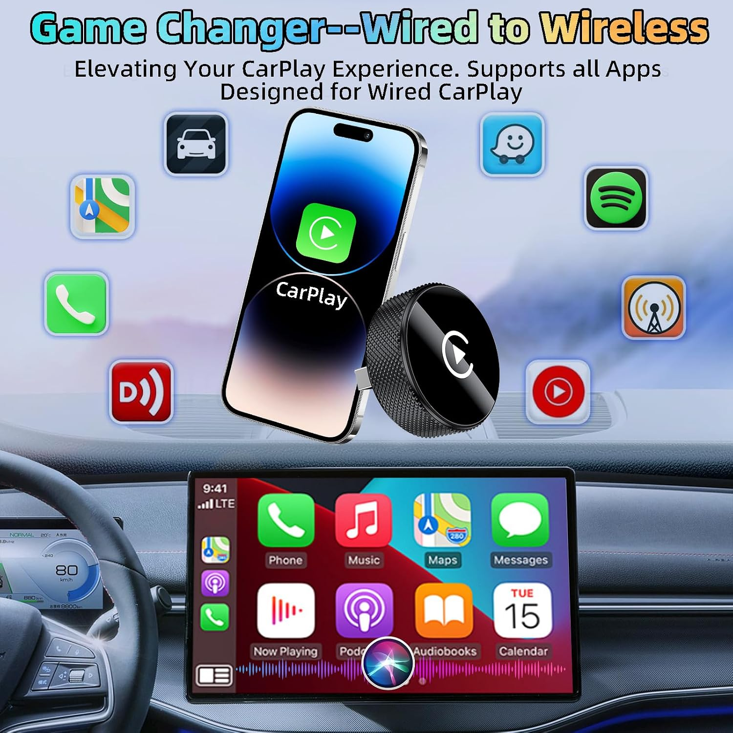 Kabelloser CarPlay-Adapter mit Smartphone und Auto-Display, umgeben von App-Symbolen.