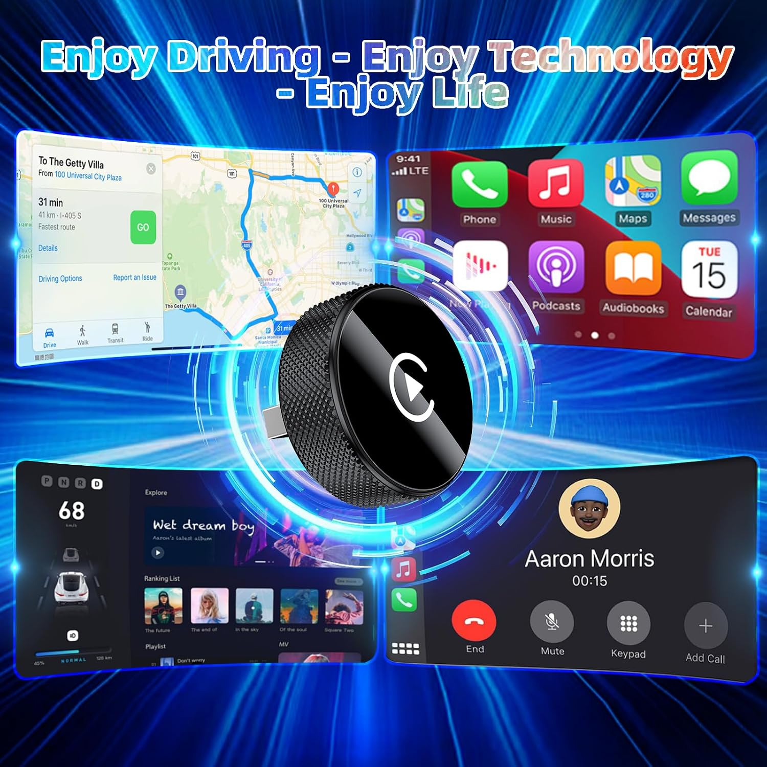 Ein schwarzer Car-Adapter, umgeben von Smartphone-Oberflächen mit Navigation und Musik.