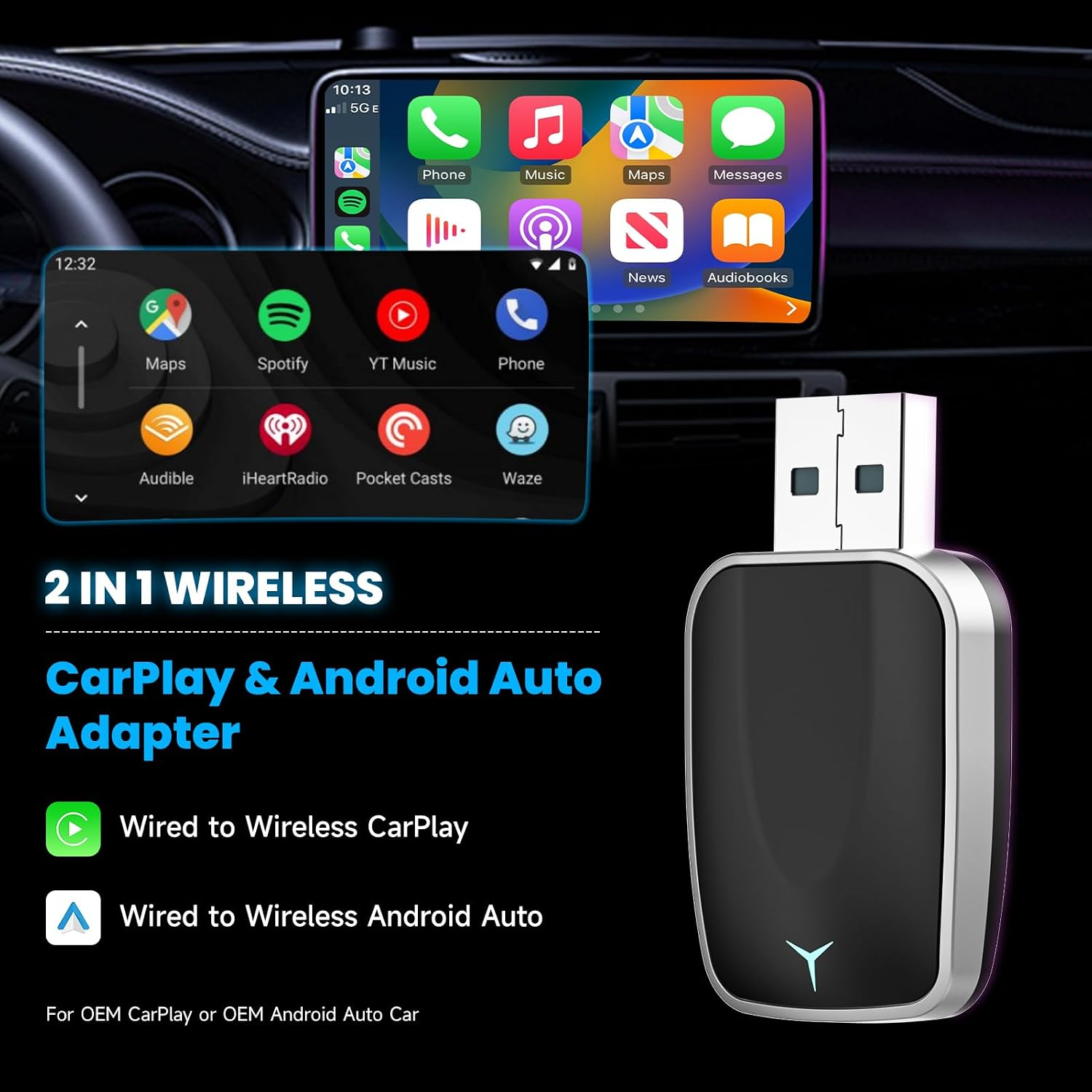 Ein 2-in-1 WLAN CarPlay und Android Auto Adapter mit einer USB-Schnittstelle, dargestellt vor Autodisplays.