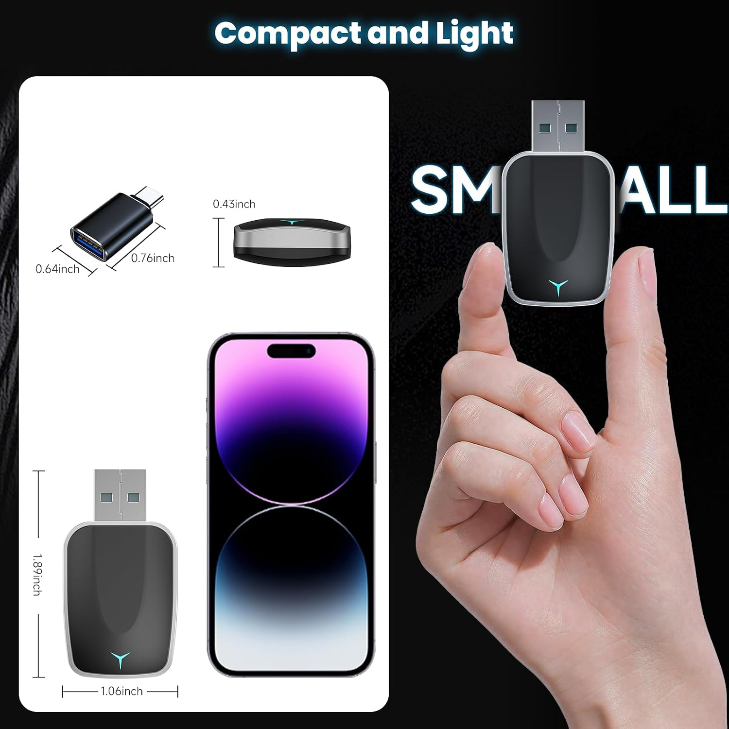 Kompakter schwarzer USB-Adapter mit Maßen im Vergleich zu einem Smartphone und einer Hand.