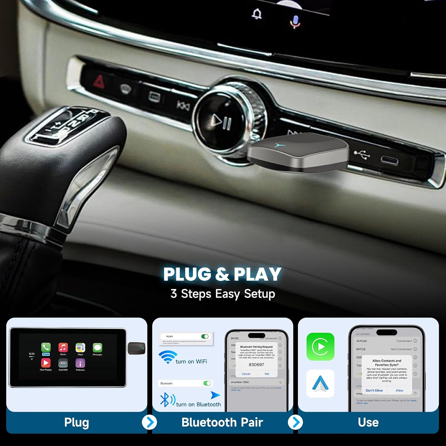 Plug-and-Play-Anleitung in 3 Schritten mit Autokonsole, Bluetooth-Kopplung und Telefon-Nutzung.