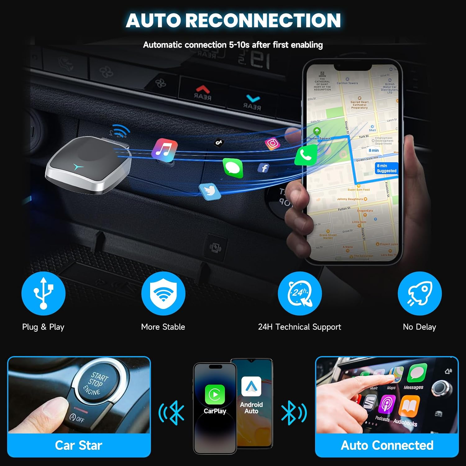 Ein Autoadapter verbindet das Smartphone drahtlos mit dem Autositz für Navigation und Apps.