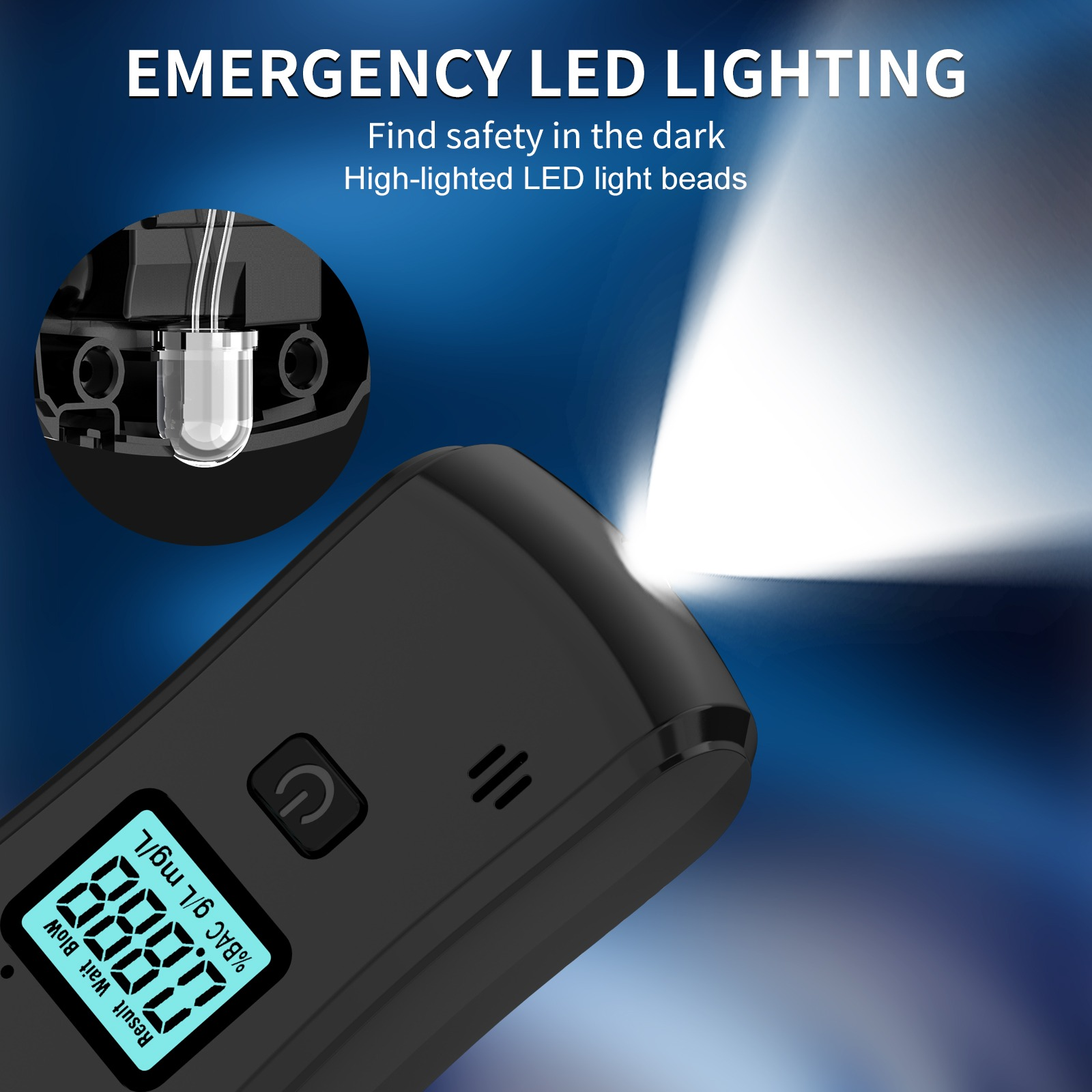 Ein schwarzes Alkoholmessgerät mit beleuchtetem Bildschirm, hellem Notfall-LED-Licht und Einblick auf die LED-Glühbirne.