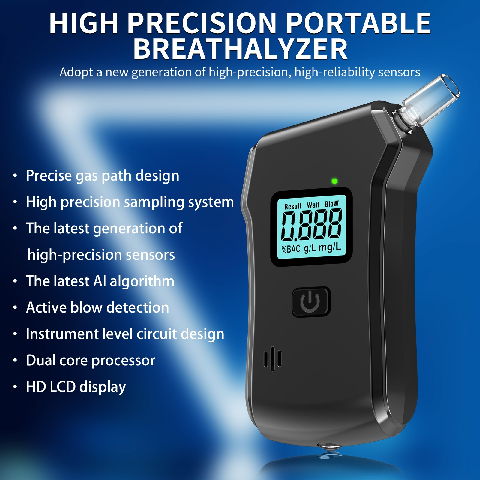 Schwarzer Handheld-Alkoholtester mit LCD-Bildschirm und weißem Text auf blauem Hintergrund.