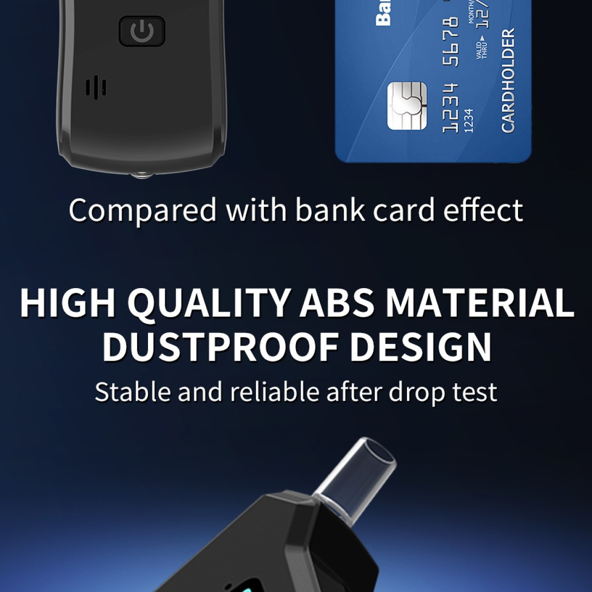 Produktwerbung mit dem Text: Hochwertiges ABS-Material, staubdichtes Design, stabil und zuverlässig nach Falltest.