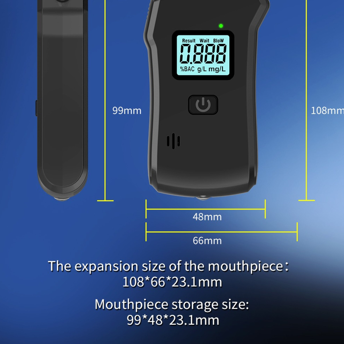 Technische Zeichnung eines schwarzen Alkoholtesters mit Maßen auf blauem Hintergrund.