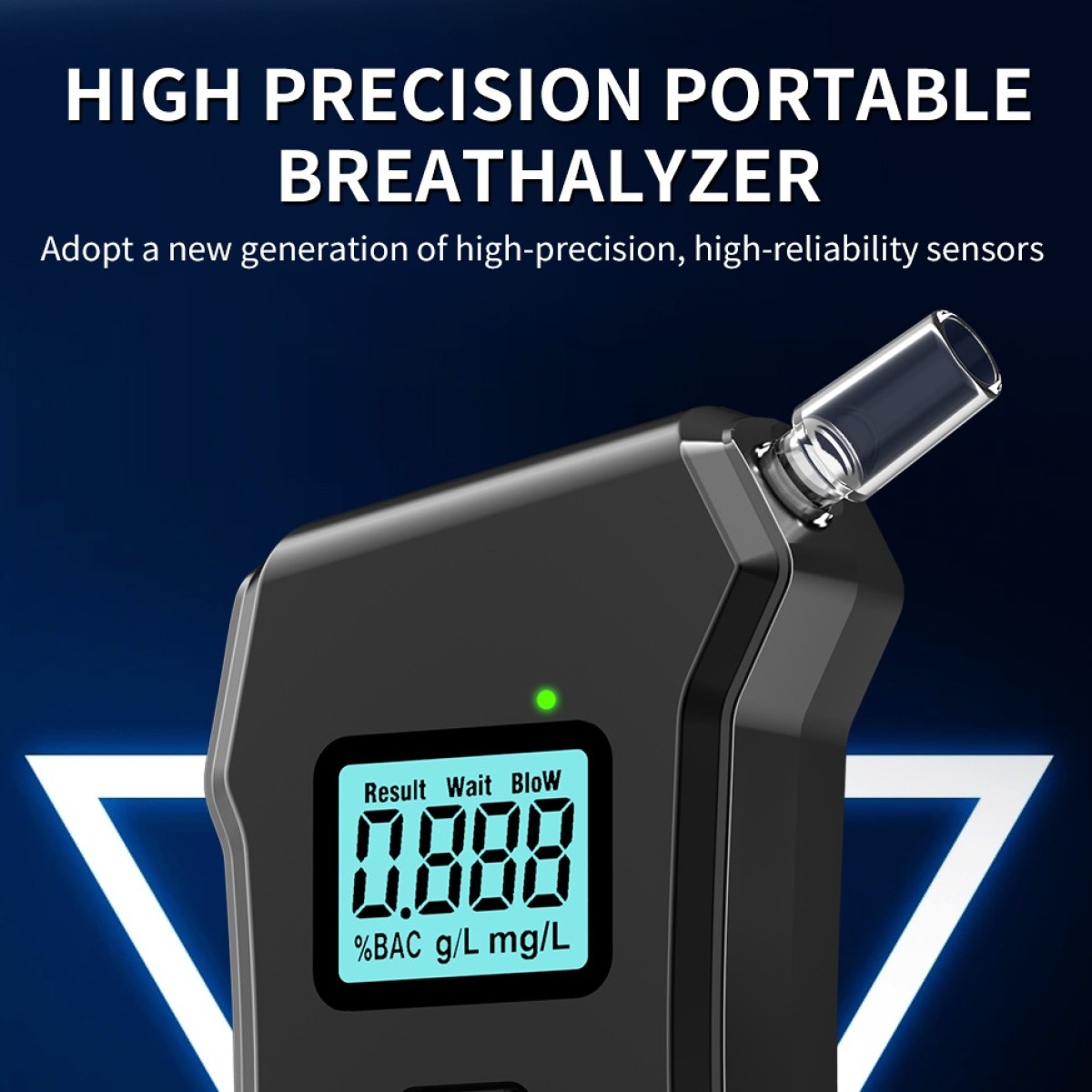 Ein tragbarer schwarzer Atemalkoholtester mit digitalem Display vor blauem Hintergrund.