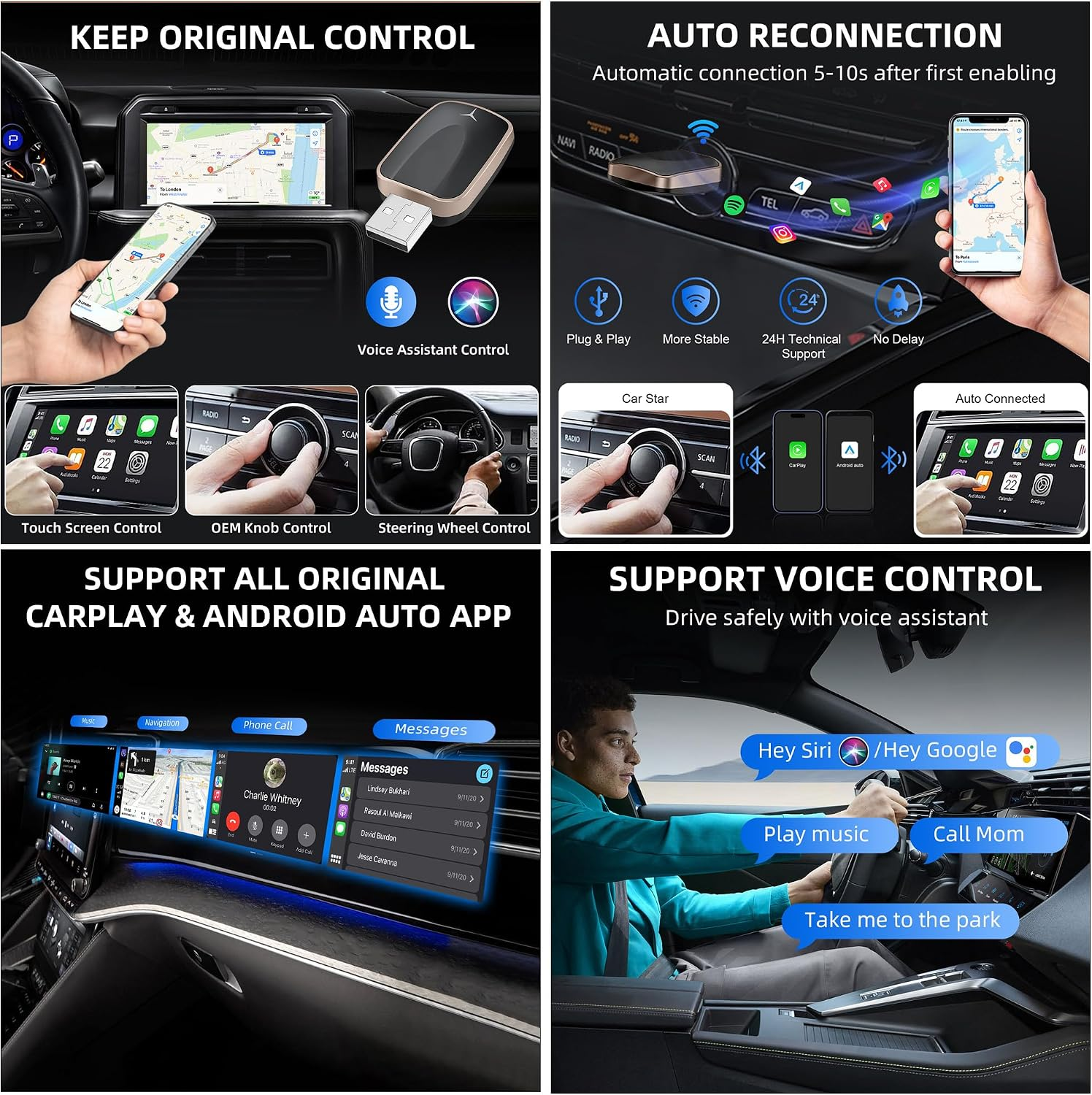 Collage zeigt drahtlosen Auto-Adapter mit Sprachsteuerung, Touchscreen und CarPlay-Unterstützung.