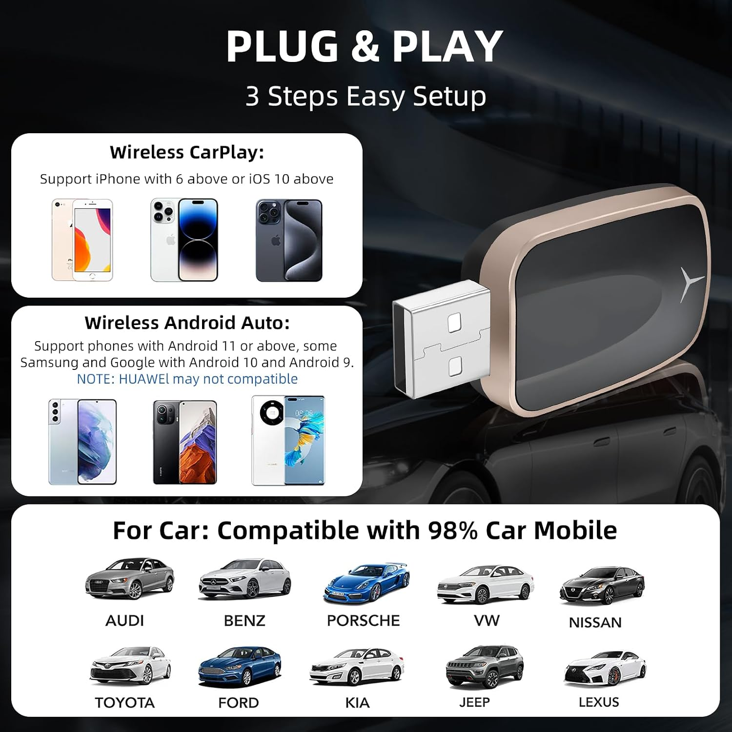 Wireless CarPlay and Android Auto adapter compatible with most cars and smartphones.