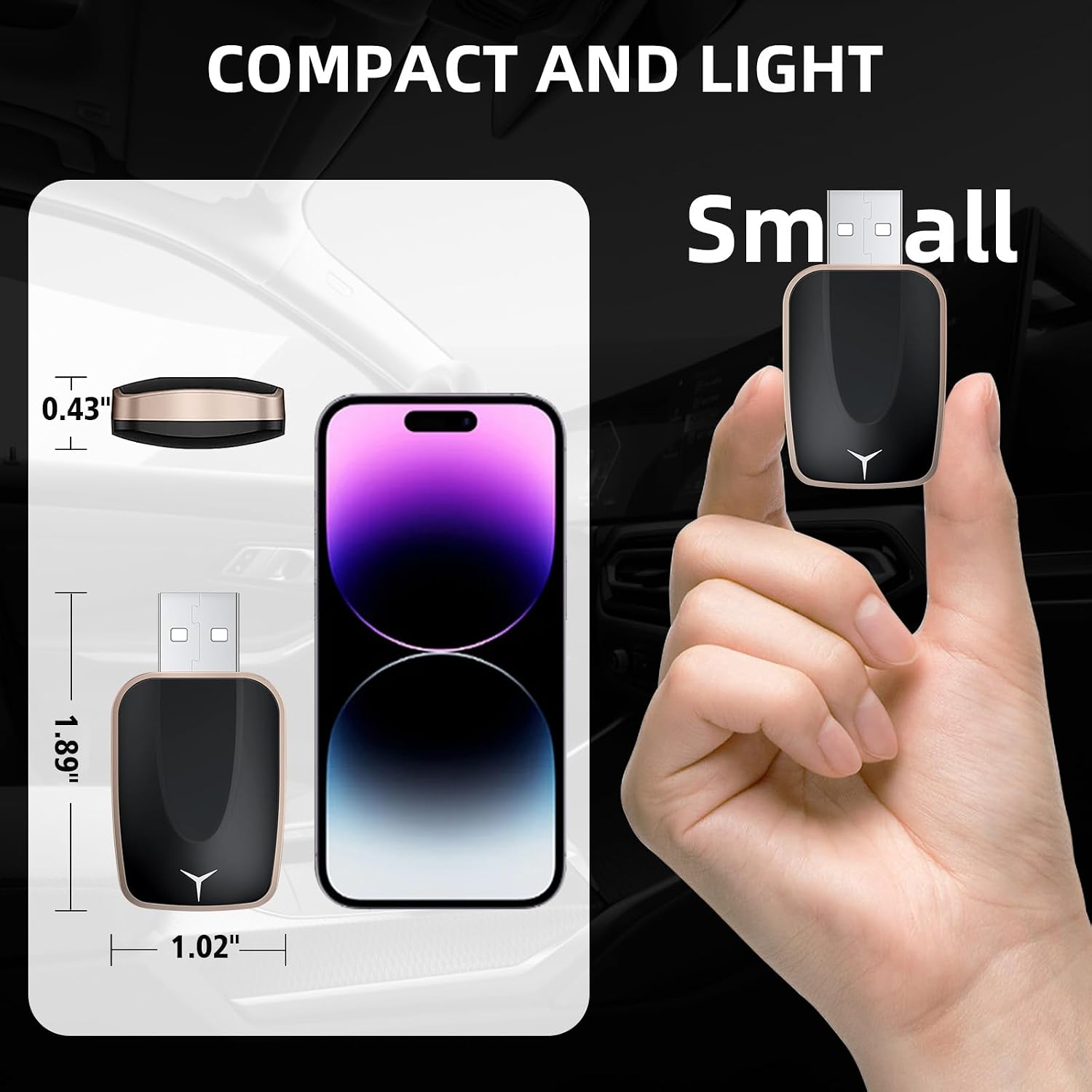 Hand hält kompakten schwarzen USB-Adapter mit Maßen und Smartphone.