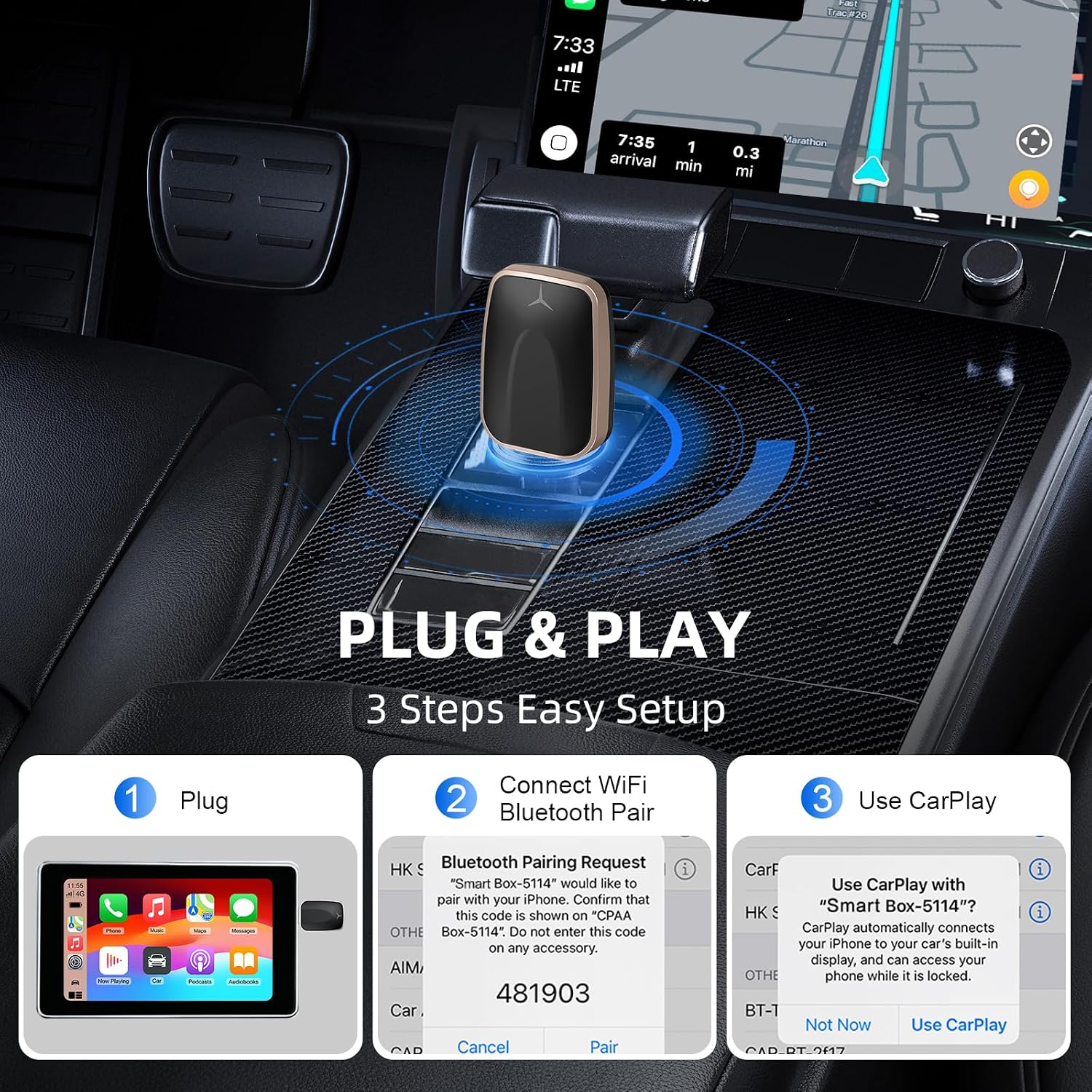 Ein CarPlay Wireless Adapter in einem Autoinnenraum mit einer Drei-Schritte-Installationsanleitung unten.