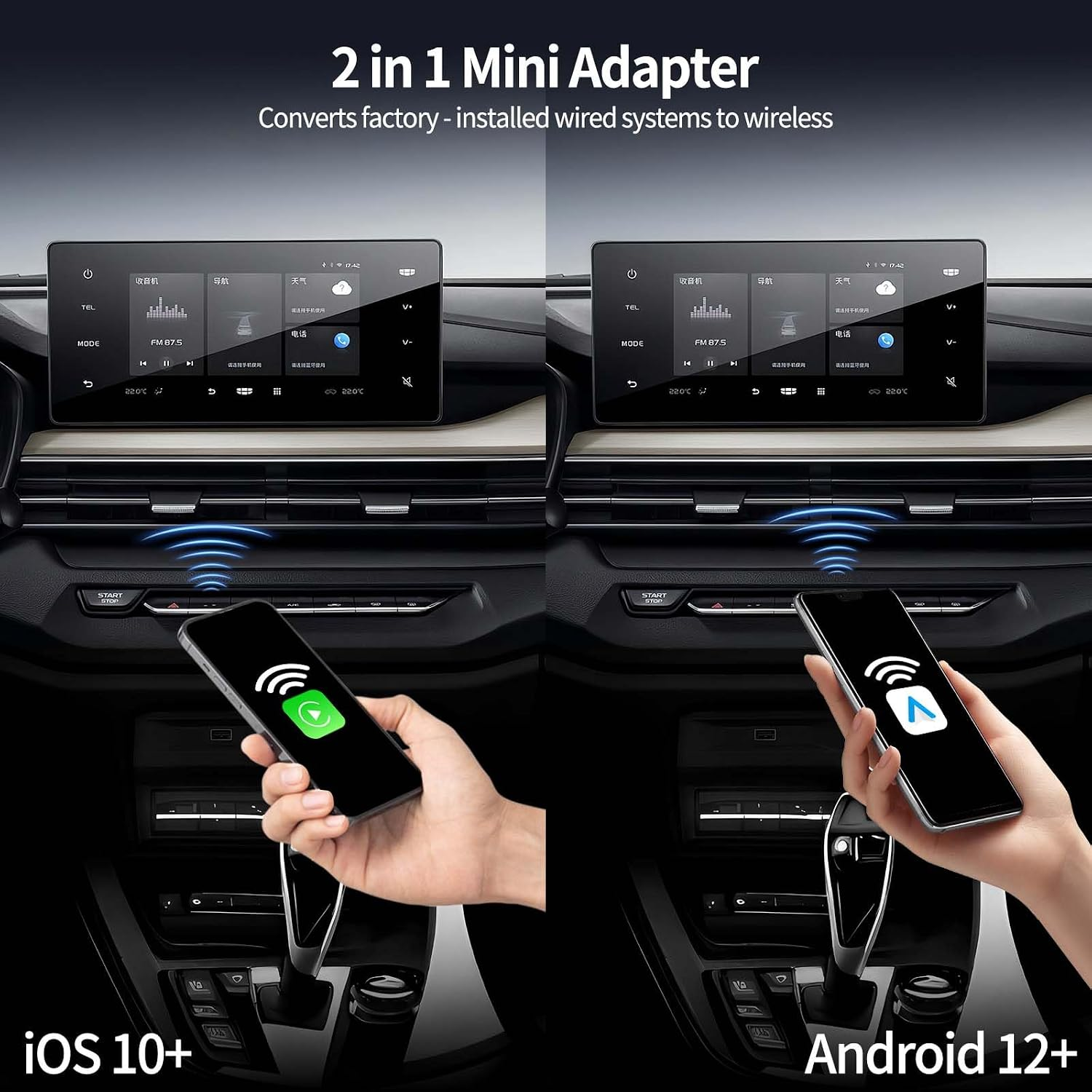 Ein 2-in-1-Mini-Adapter verbindet ein Smartphone kabellos mit dem Infotainmentsystem eines Autos für iOS und Android.
