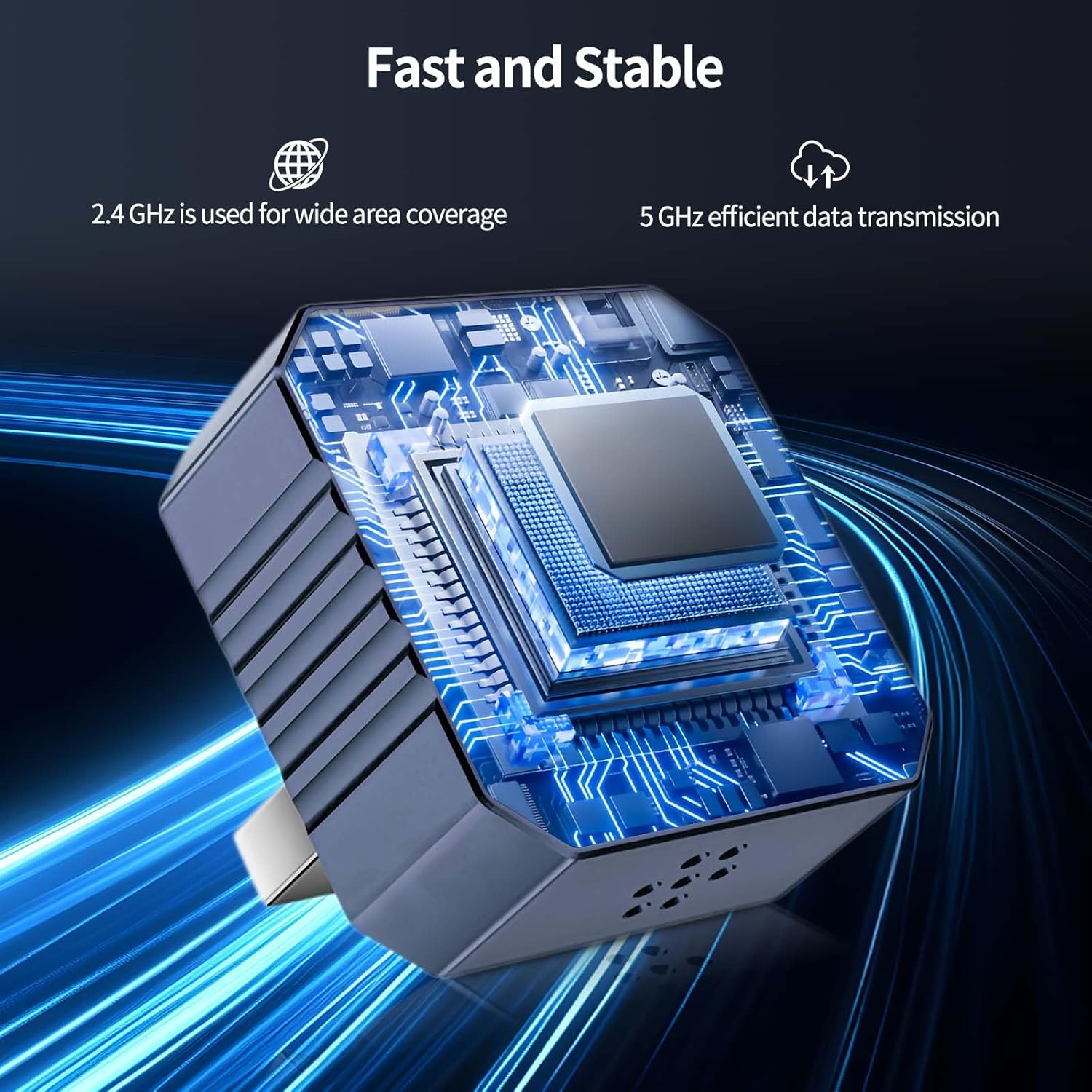 Ein blauer Mikrochip auf einem Router zeigt 2,4 GHz und 5 GHz Technologie.