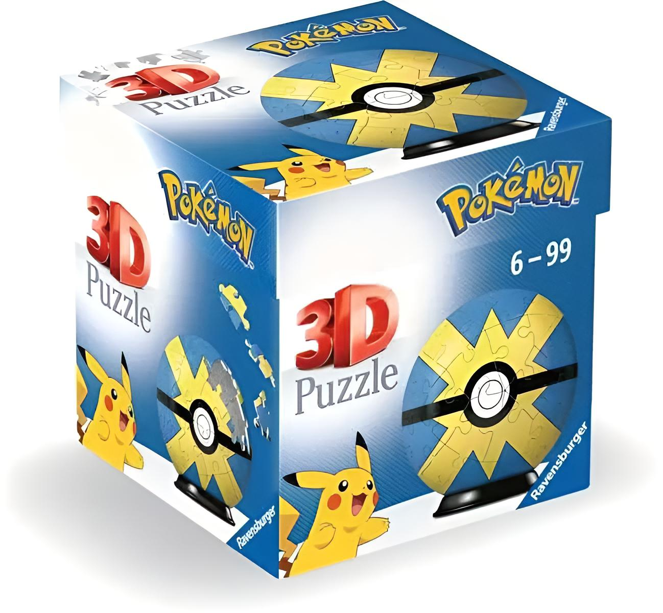 Blaue Ravensburger 3D-Puzzle-Verpackung mit Pokémon- und Pikachu-Motiven.