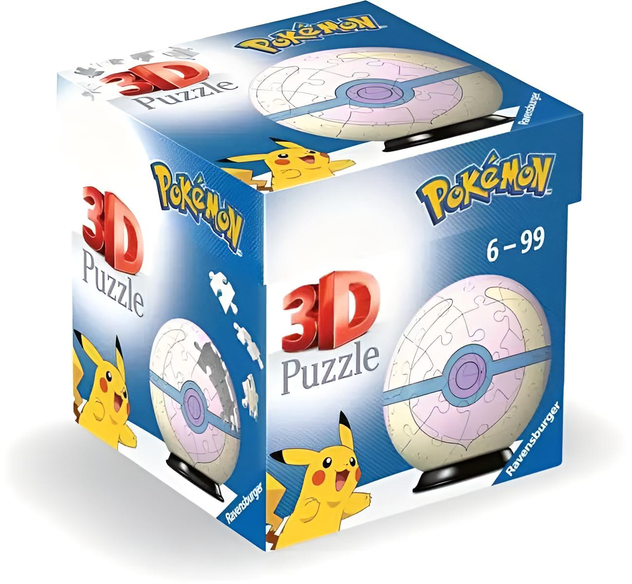 Blaue Ravensburger 3D-Puzzle-Verpackung mit Pokémon-Design und Pikachu-Motiv.
