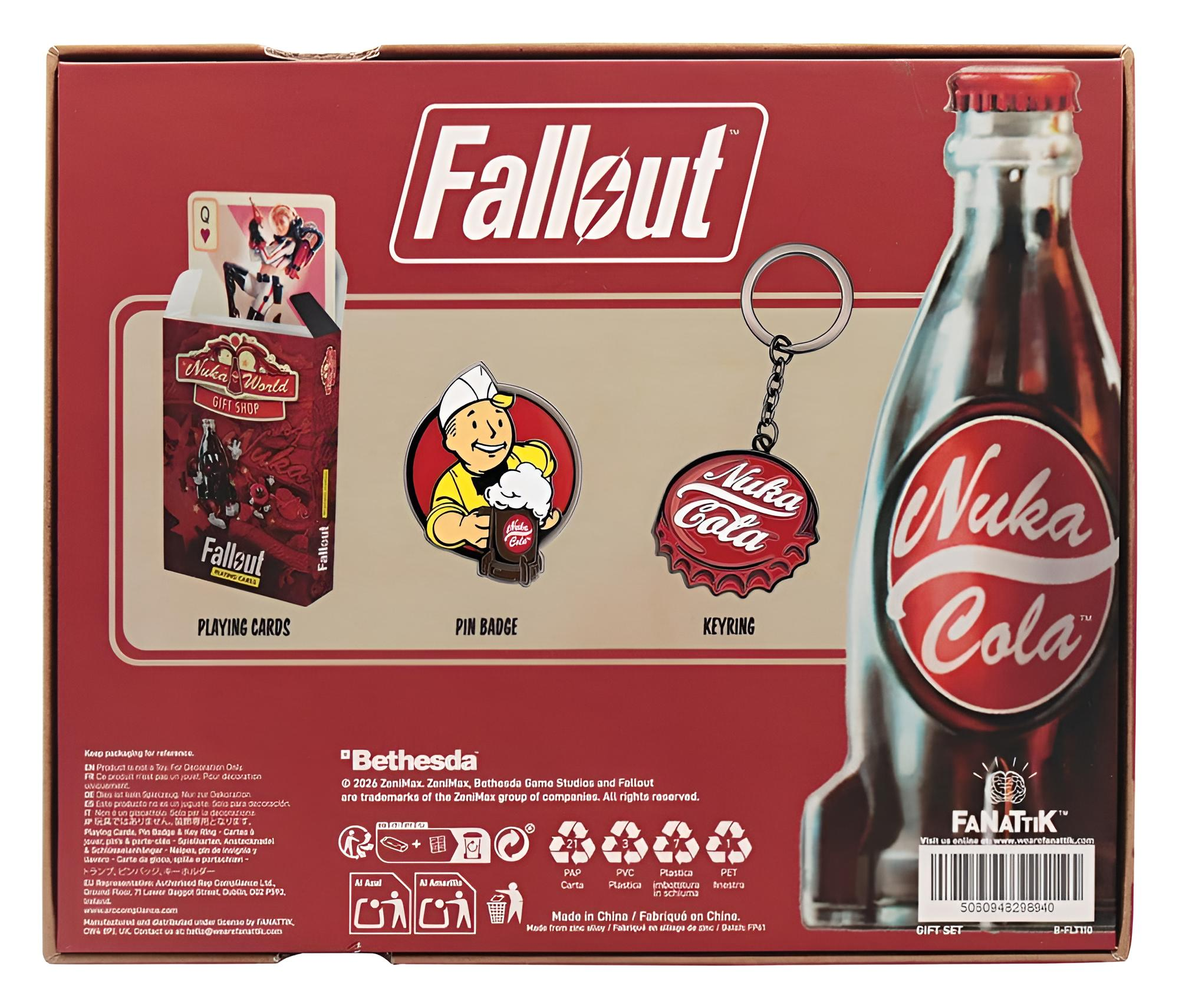 Fallout Nuka World Geschenkset-Box mit Spielkarten, Anstecknadel, Schlüsselanhänger und Nuka Cola-Flasche.