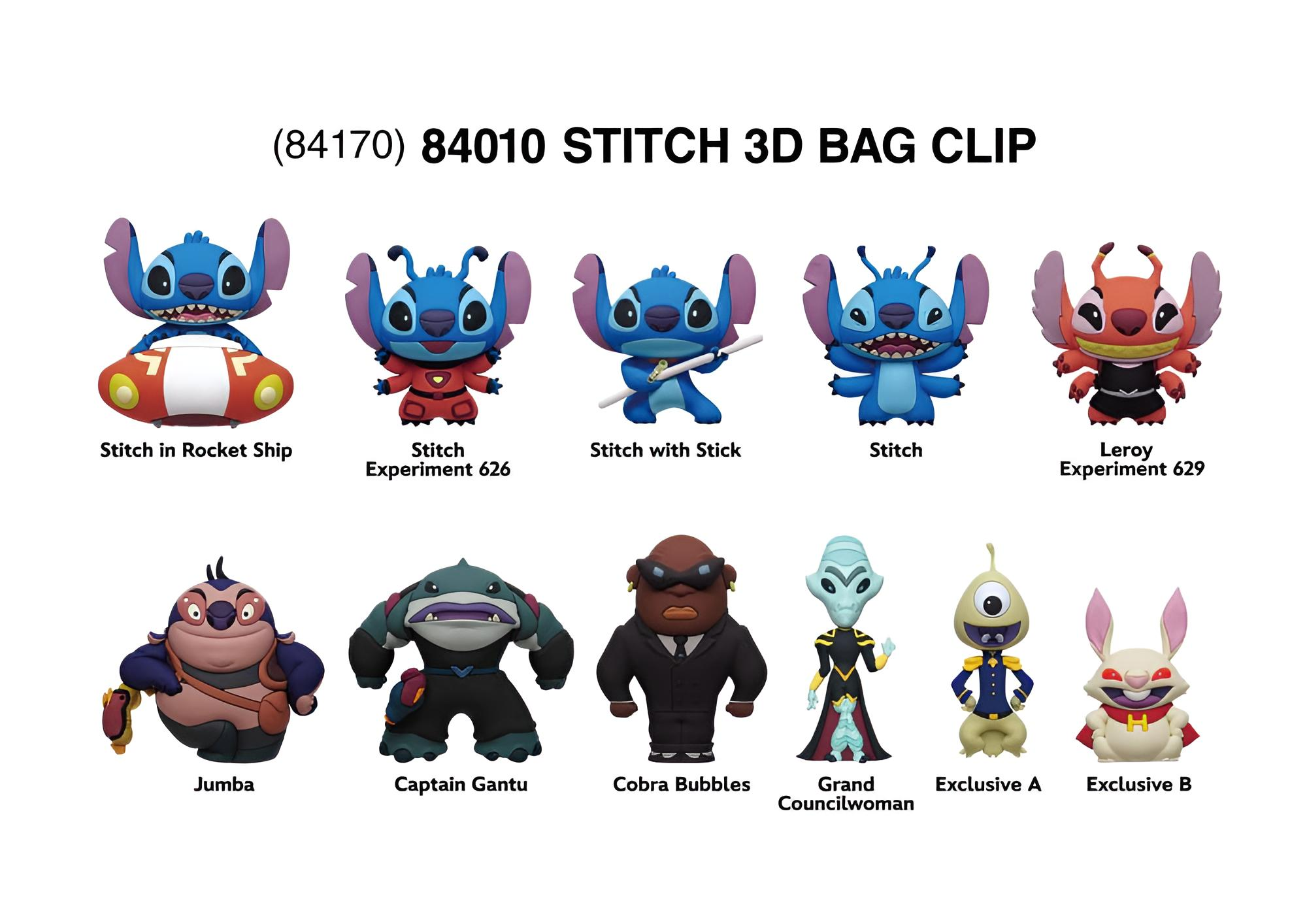 Catálogo de productos de clips de bolsa Stitch 3D con diez figuras de personajes diferentes en fondo blanco.