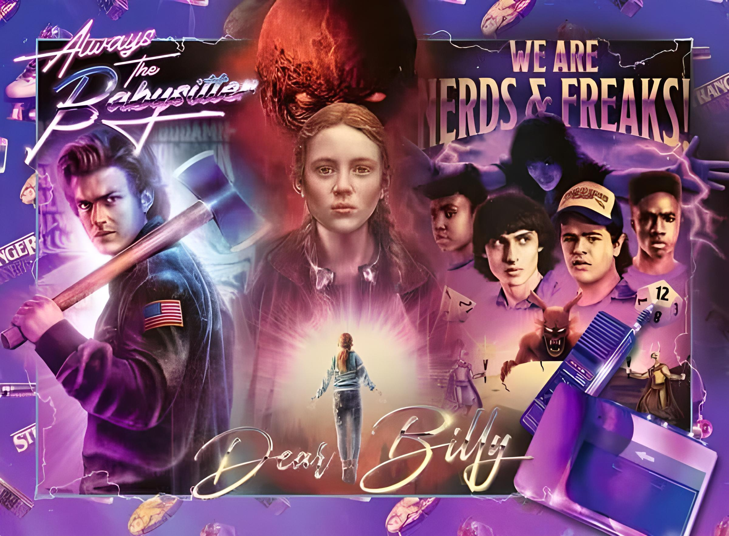 Collage de Stranger Things con personajes, monstruos y el título Dear Billy en tonos morados y rojos.