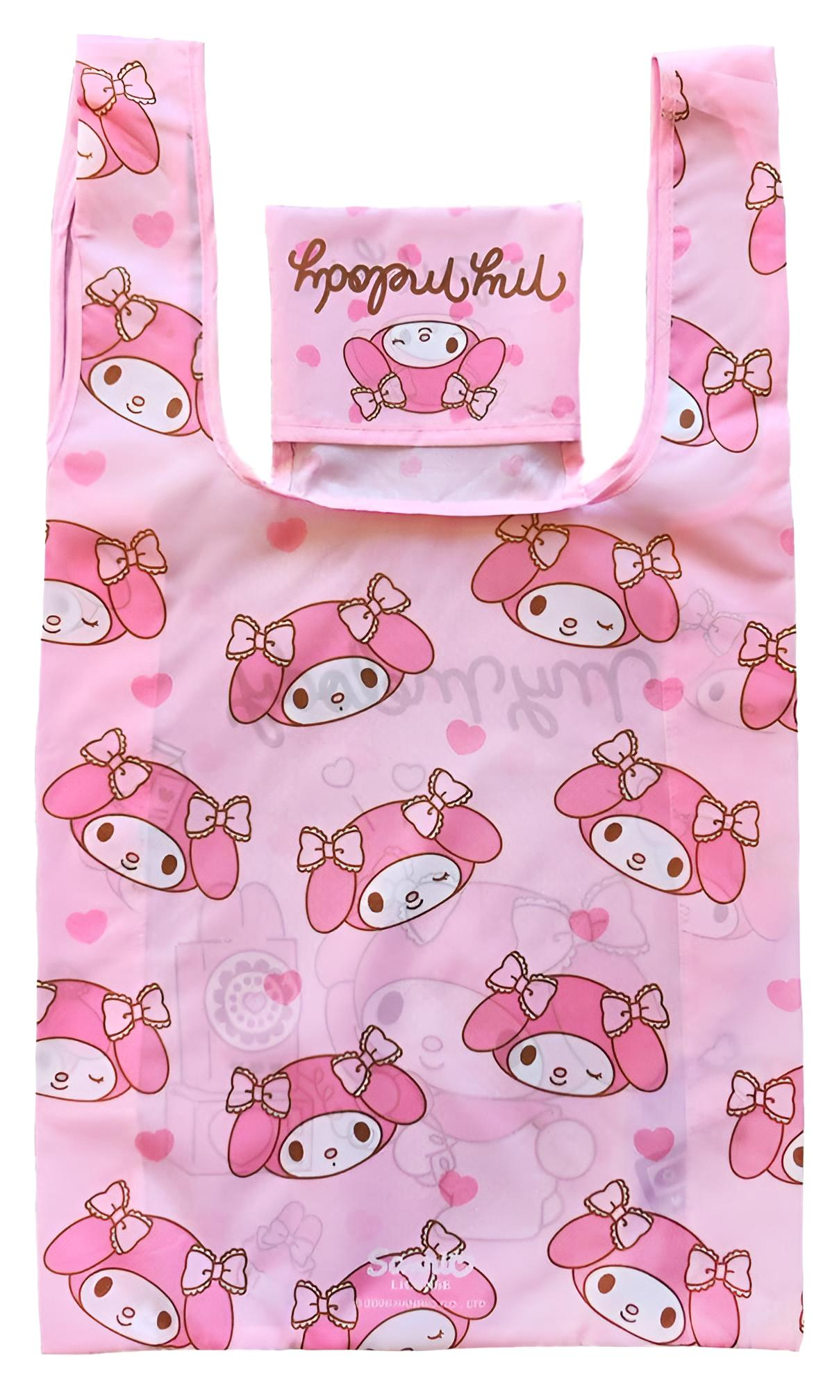 Rosa Einkaufstasche mit My Melody Mustern und kleinen Herzen auf weißem Hintergrund.