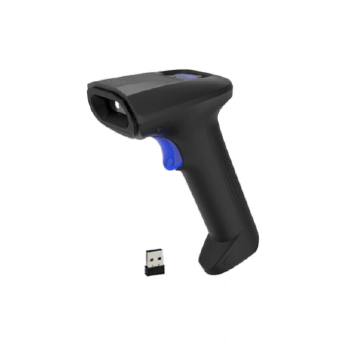 Mavi tetikli siyah kablosuz barkod okuyucu, beyaz arkaplanda küçük bir USB alıcısının yanında duruyor.