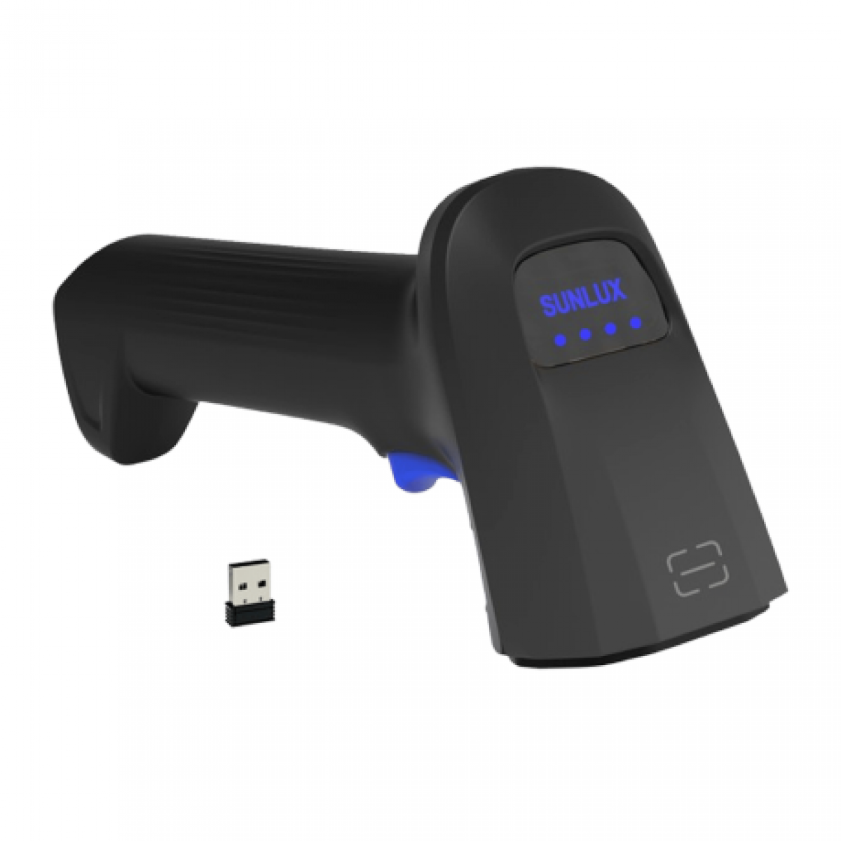 Beyaz arka planda mavi tetikli ve USB alıcılı siyah el tipi barkod okuyucu.