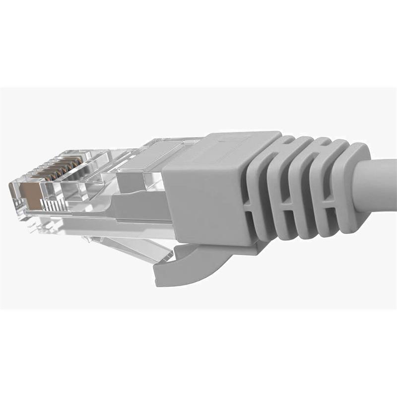 Şeffaf plastik klipsli gri bir Ethernet ağ kablosu konnektörü.