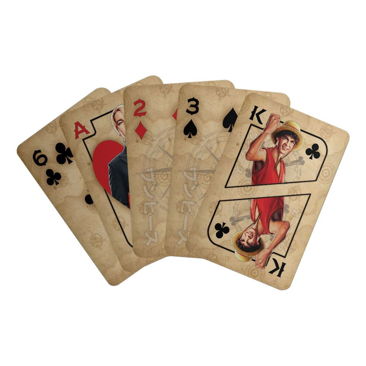 Fünf One-Piece-Spielkarten mit antiker Optik und Charakteren auf weißem Hintergrund.