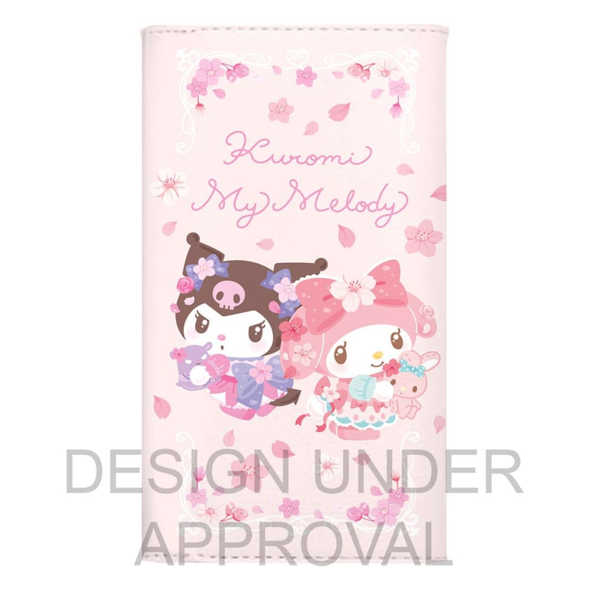 Rosa Kuromi und My Melody Design mit Blumen und dem Text 'DESIGN UNDER APPROVAL'.