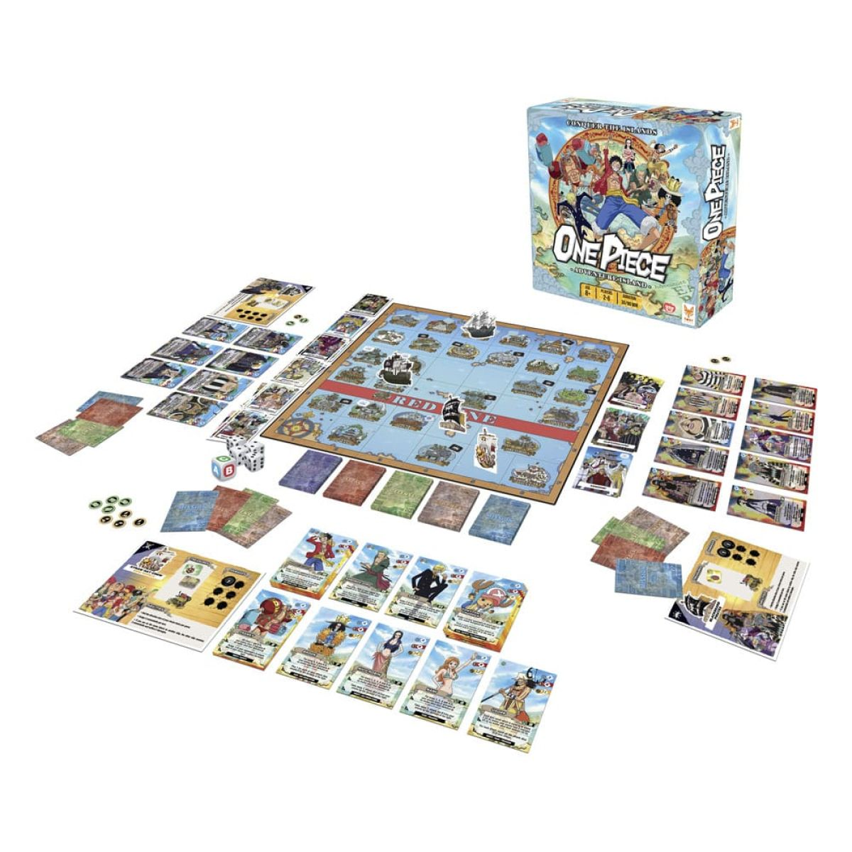 Jeu de société One Piece affiché avec des cartes, un plateau, des dés, des jetons et la boîte sur fond blanc.