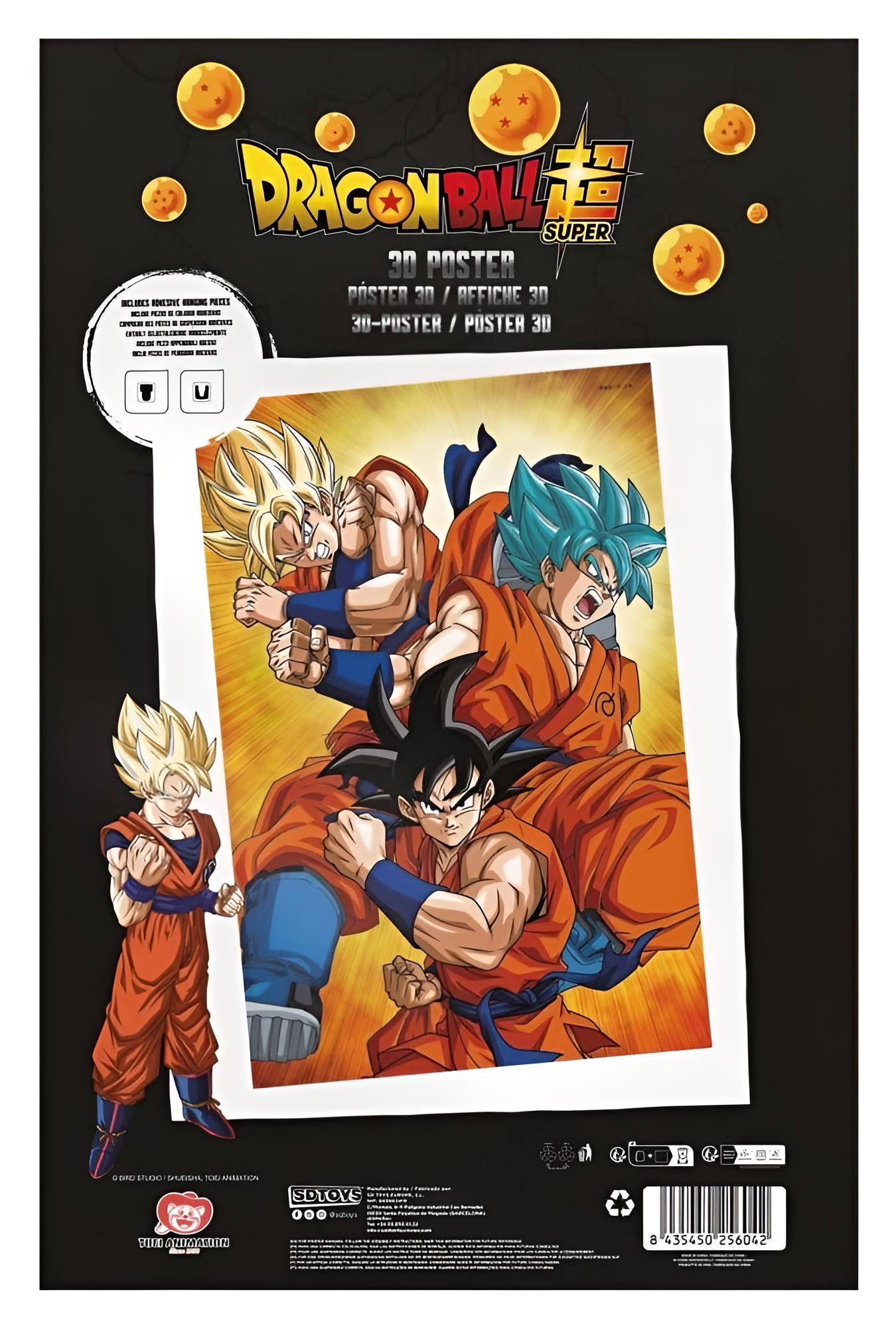 Dragon Ball Super 3D-Poster-Verpackung mit Goku in verschiedenen Formen vor gelbem Hintergrund.