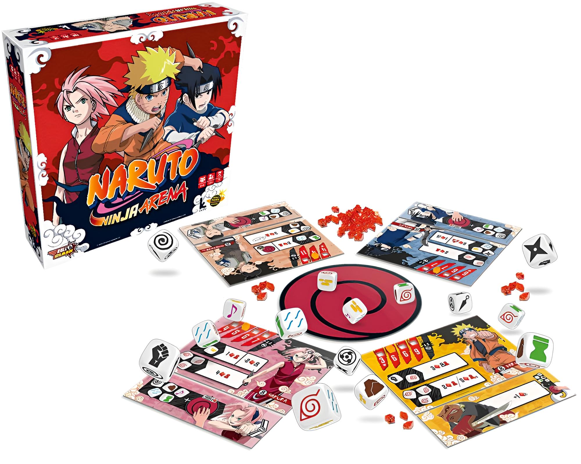 Gioco da tavolo Naruto Ninja Arena con scatola, carte personaggio, segnalini rossi e dadi.