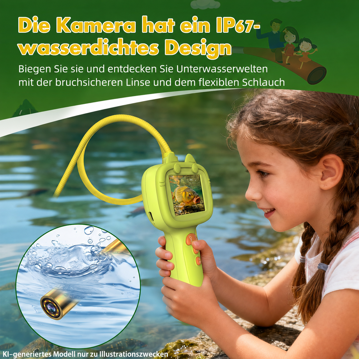 Ein Mädchen hält eine gelbe Unterwasserkamera mit Bildschirm und Schlauch am See.
